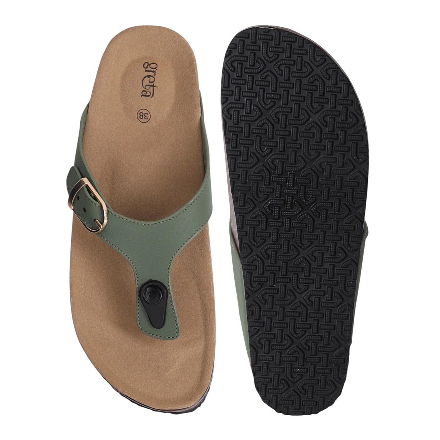 Women Olive Slip-On Sandals with Cork Footbed