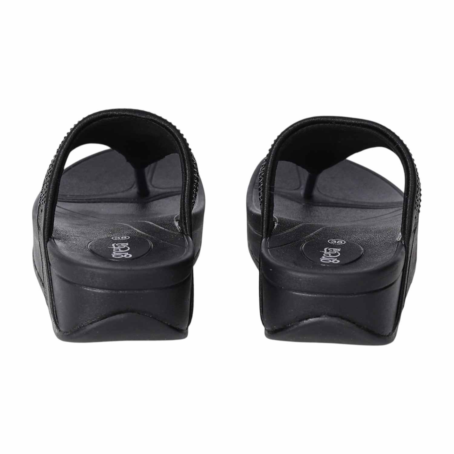Women Black Wedge Slip-On Sandals with Embellished Upper