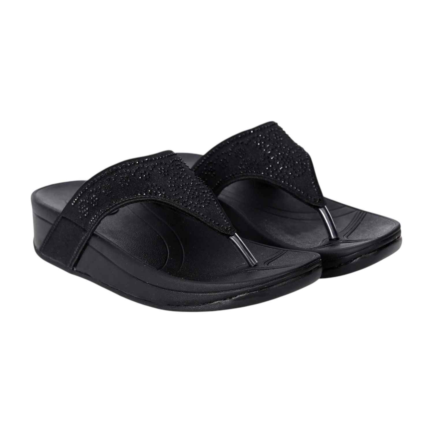 Women Black Wedge Slip-On Sandals with Embellished Upper