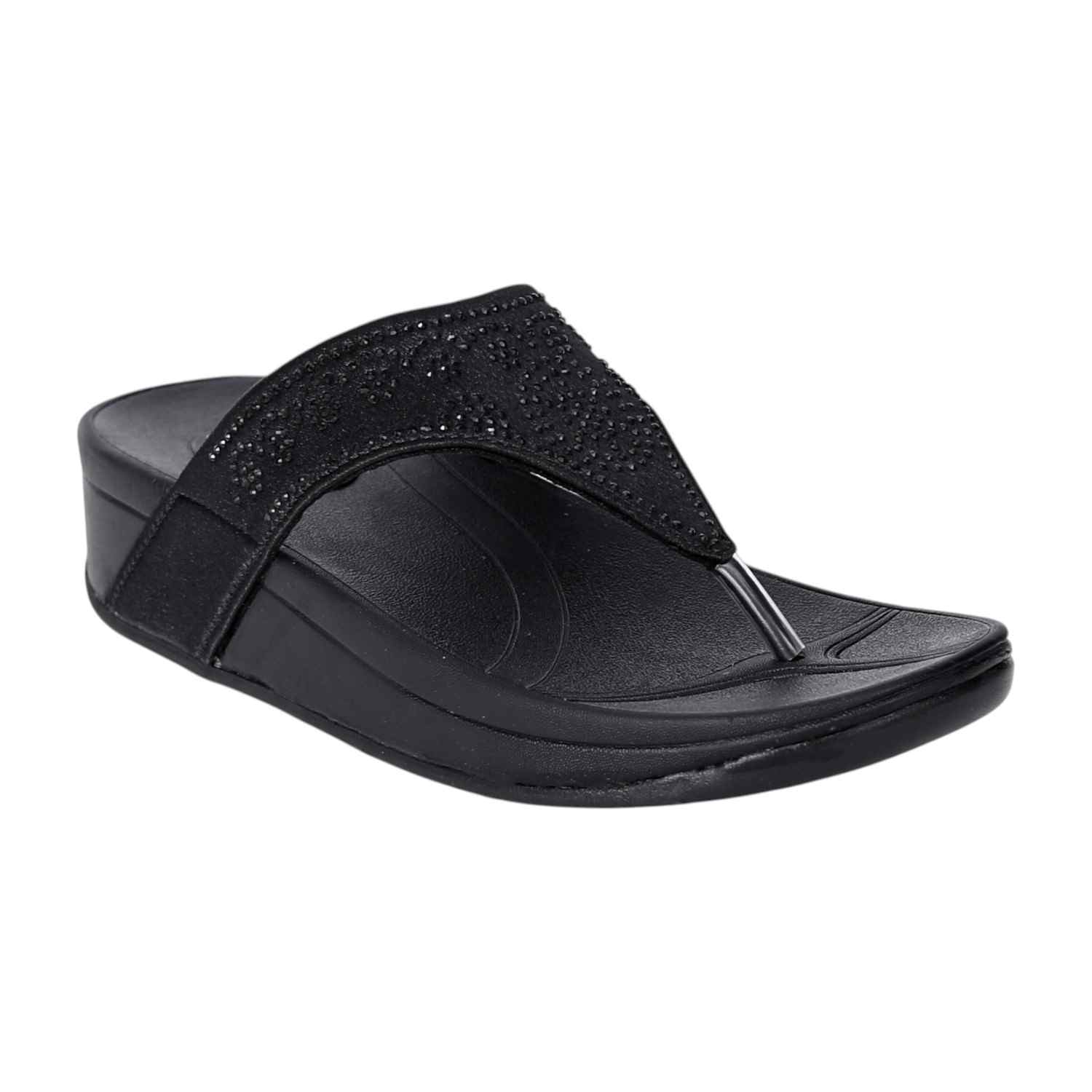 Women Black Wedge Slip-On Sandals with Embellished Upper