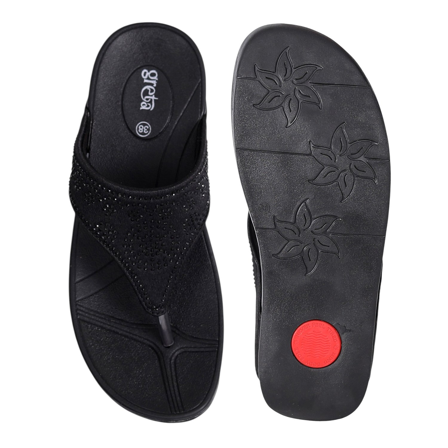 Women Black Wedge Slip-On Sandals with Embellished Upper