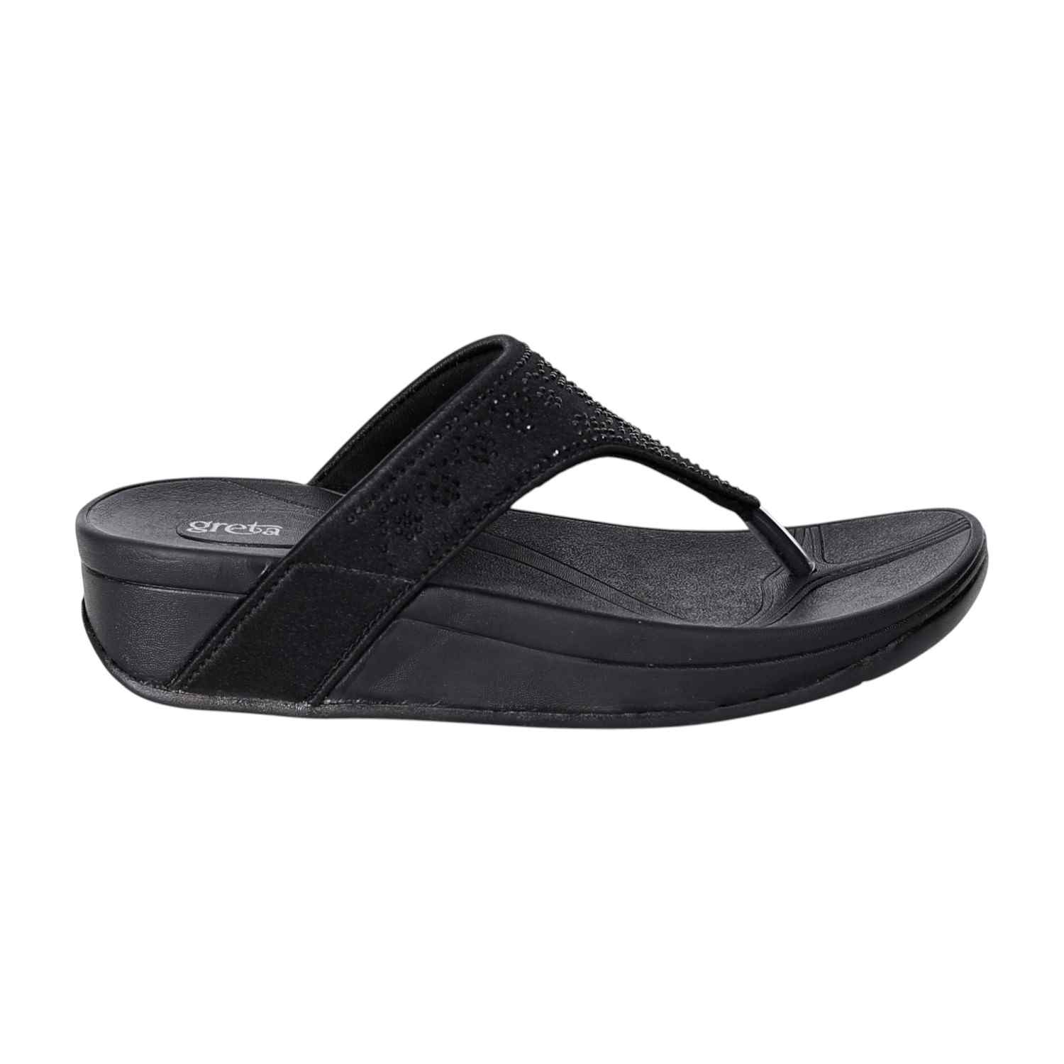 Women Black Wedge Slip-On Sandals with Embellished Upper
