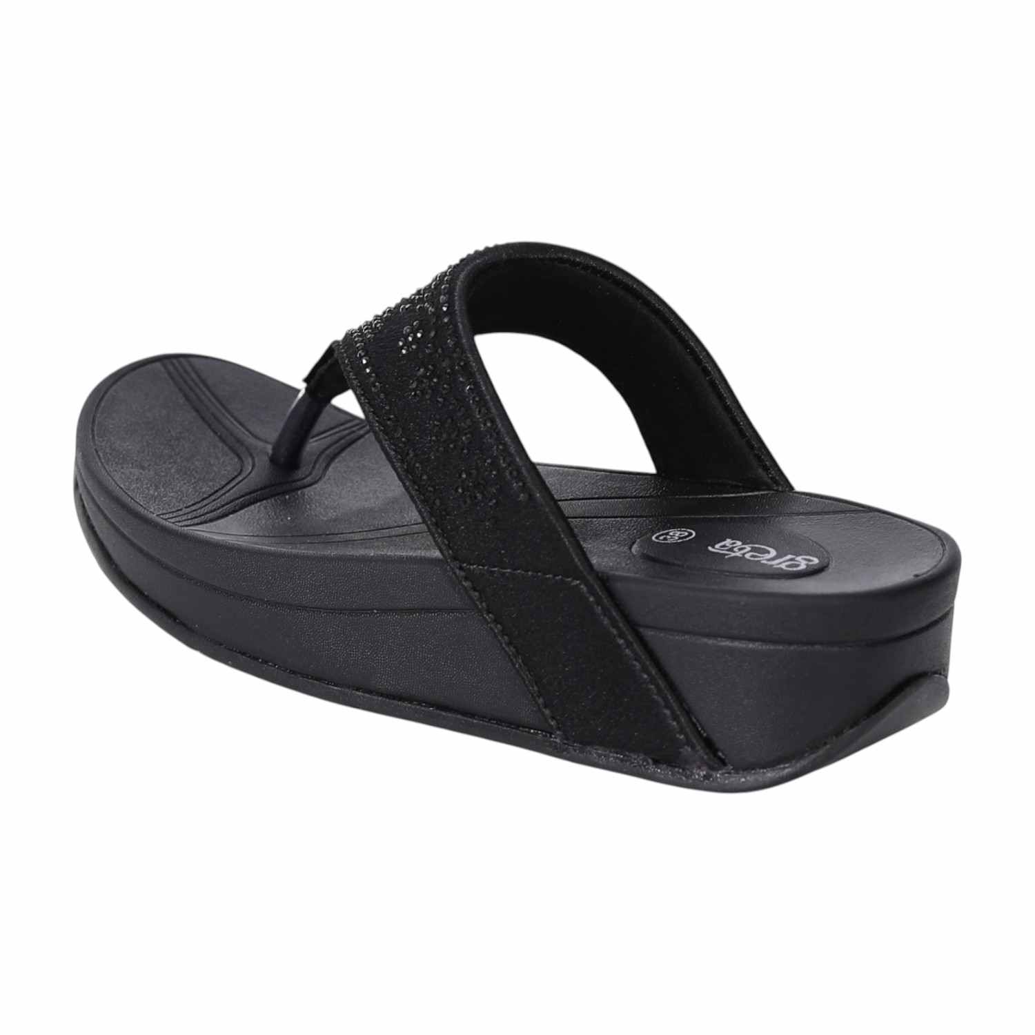 Women Black Wedge Slip-On Sandals with Embellished Upper
