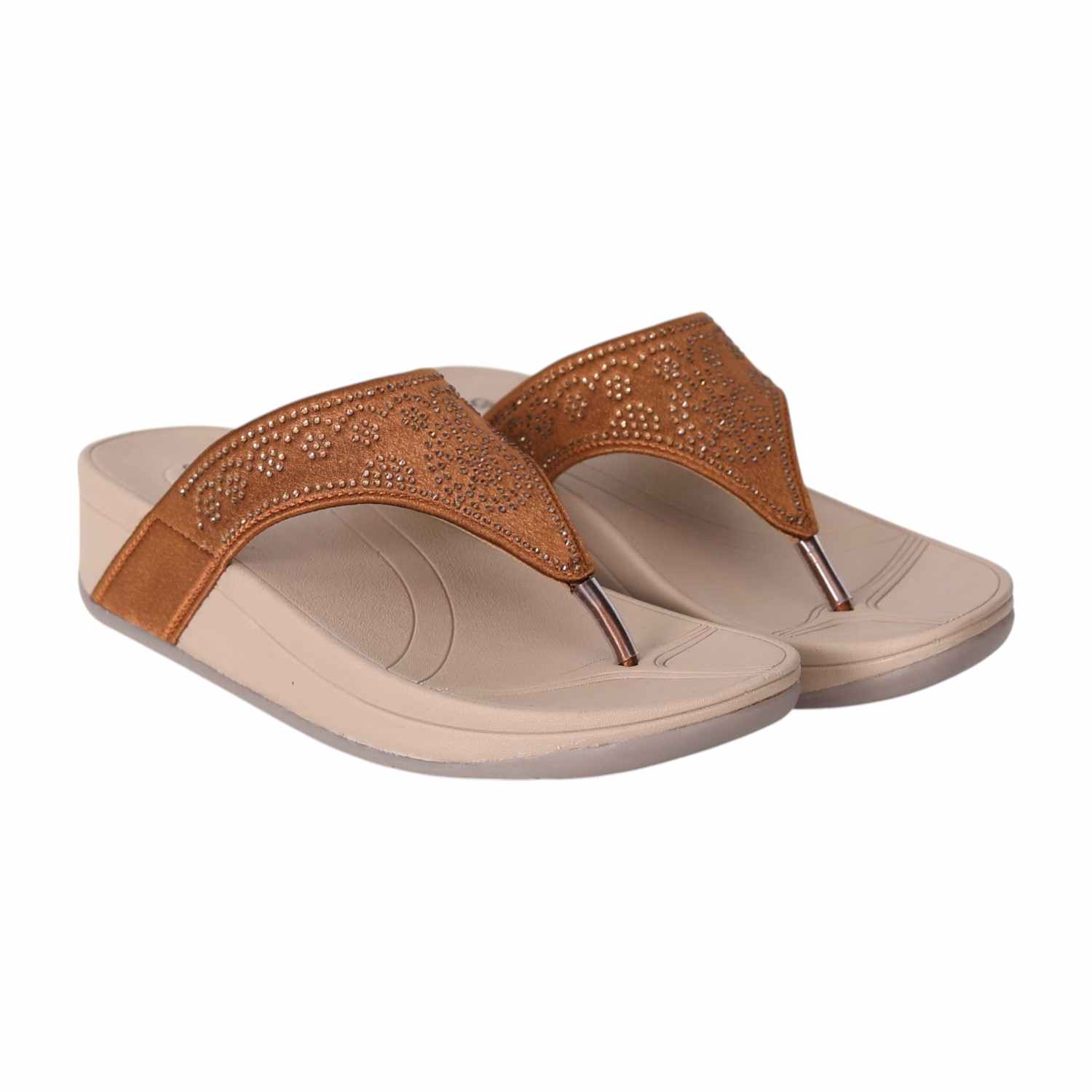 Women Gold Wedge Slip-On Sandals with Embellished Upper