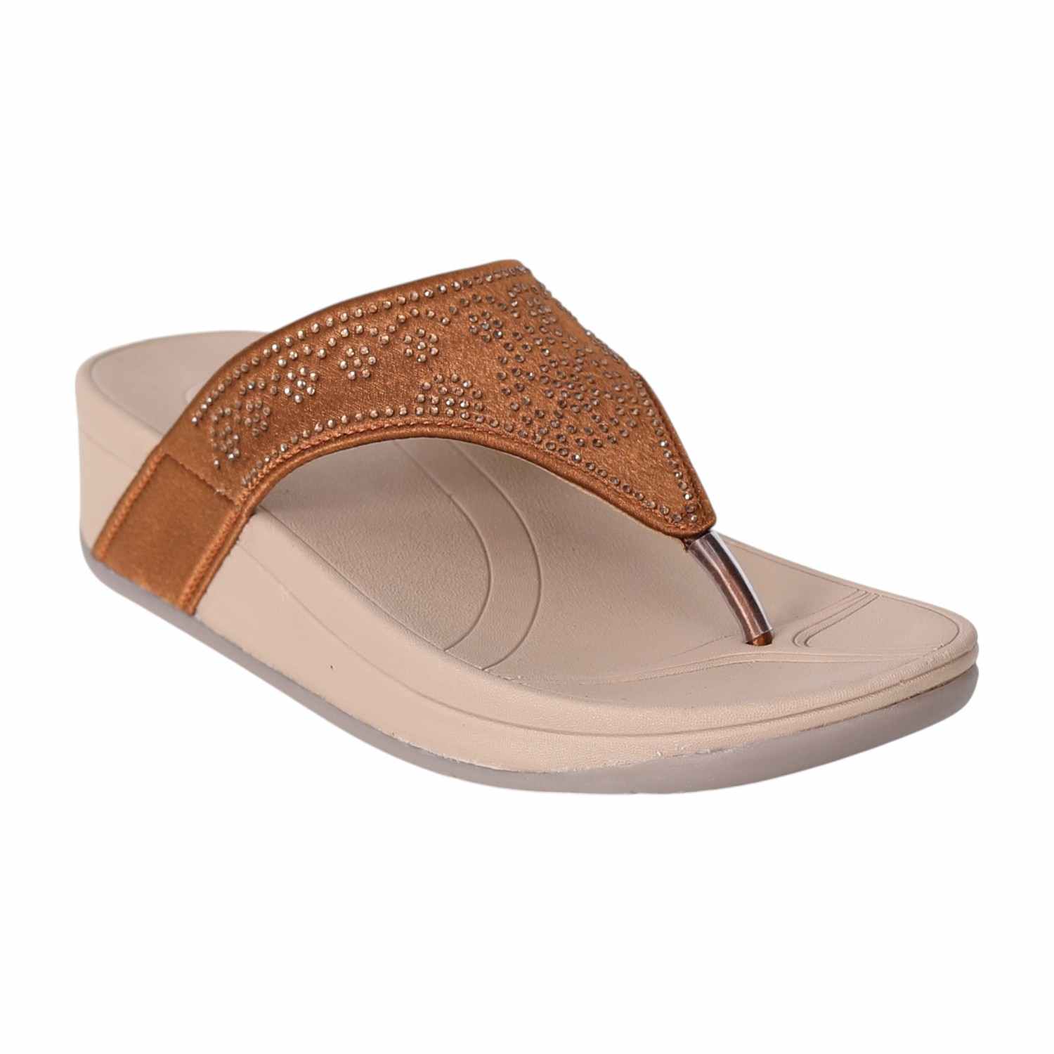 Women Gold Wedge Slip-On Sandals with Embellished Upper