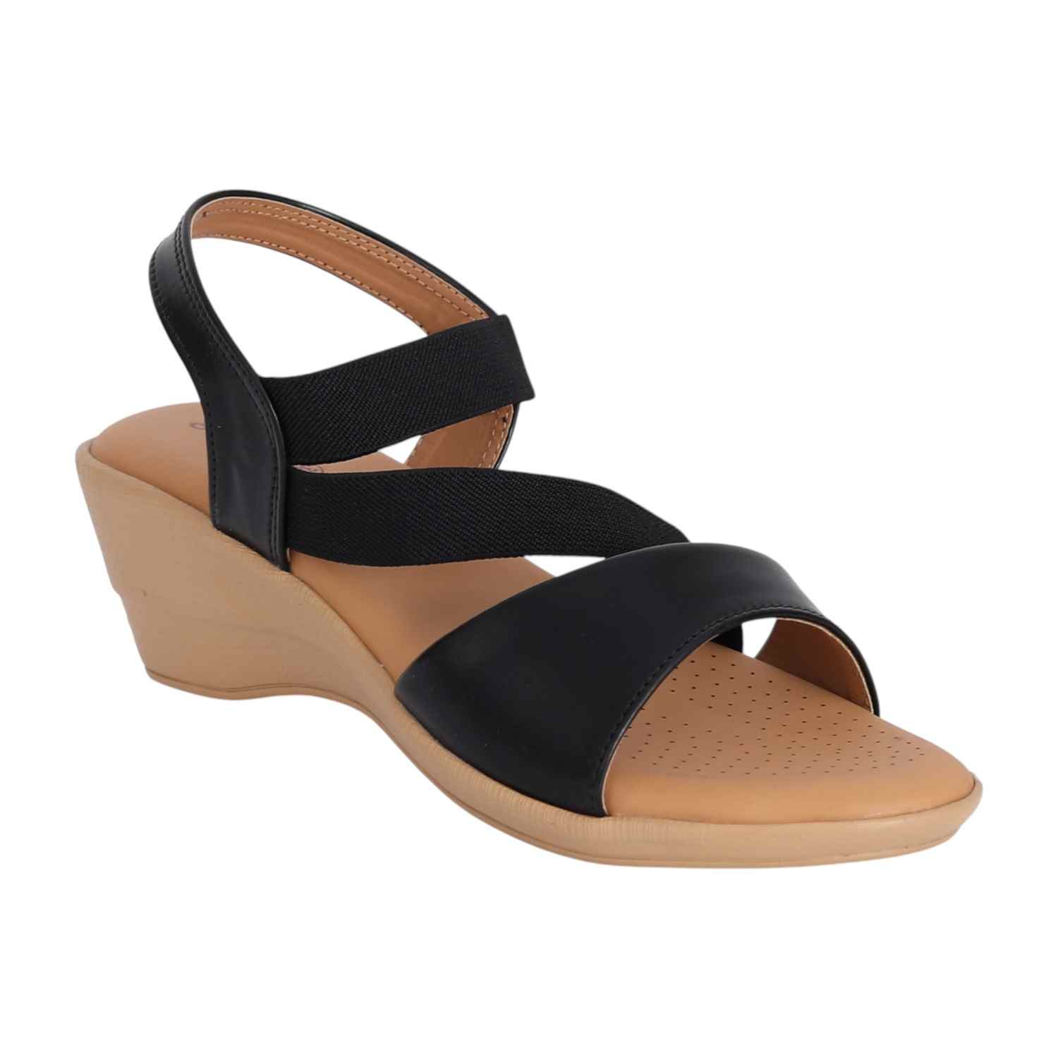 Women Black Stretch Wedge Sandals