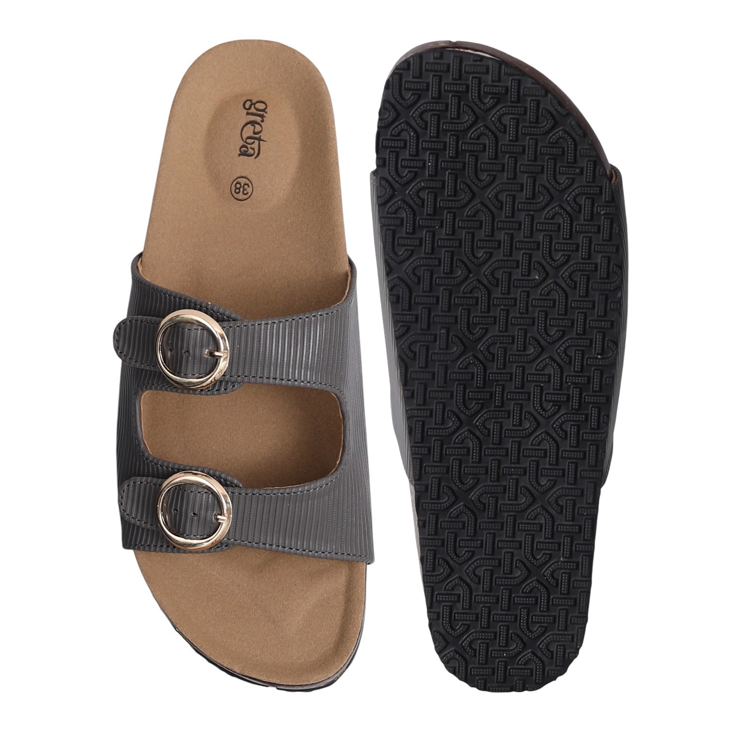 Women Grey Double Buckle Comfort Slide Sandals