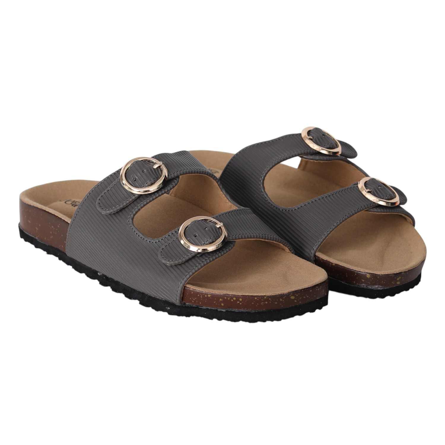Women Grey Double Buckle Comfort Slide Sandals