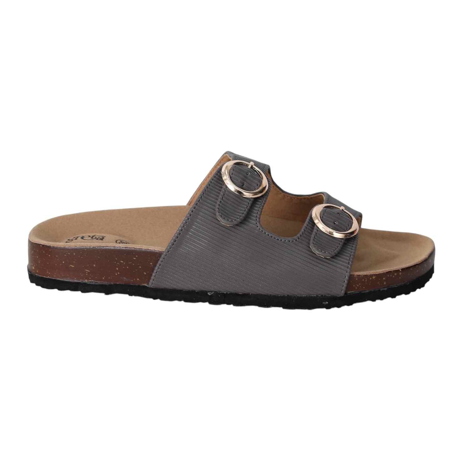 Women Grey Double Buckle Comfort Slide Sandals