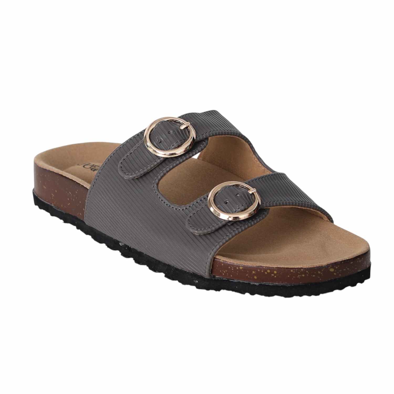 Women Grey Double Buckle Comfort Slide Sandals