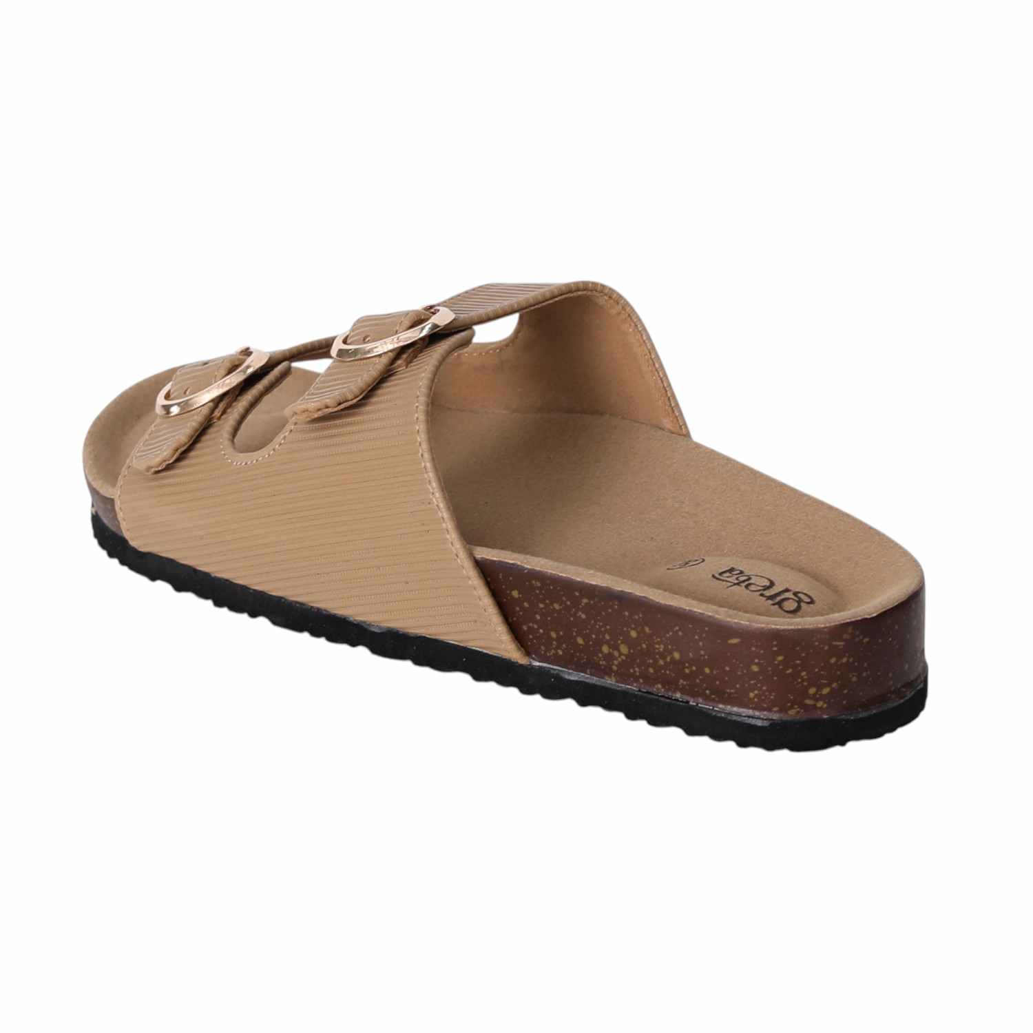 Women Beige Double Buckle Comfort Slide Sandals