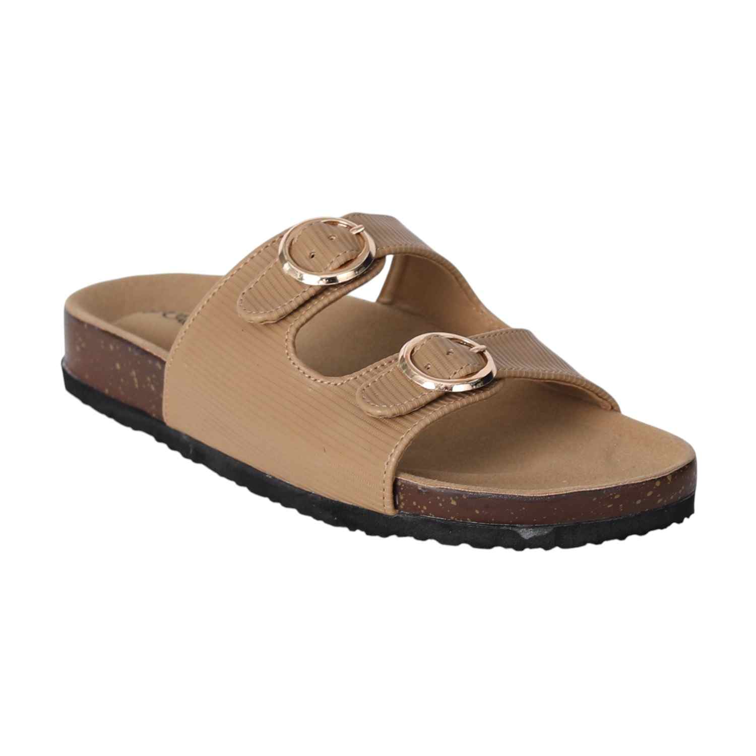 Women Beige Double Buckle Comfort Slide Sandals