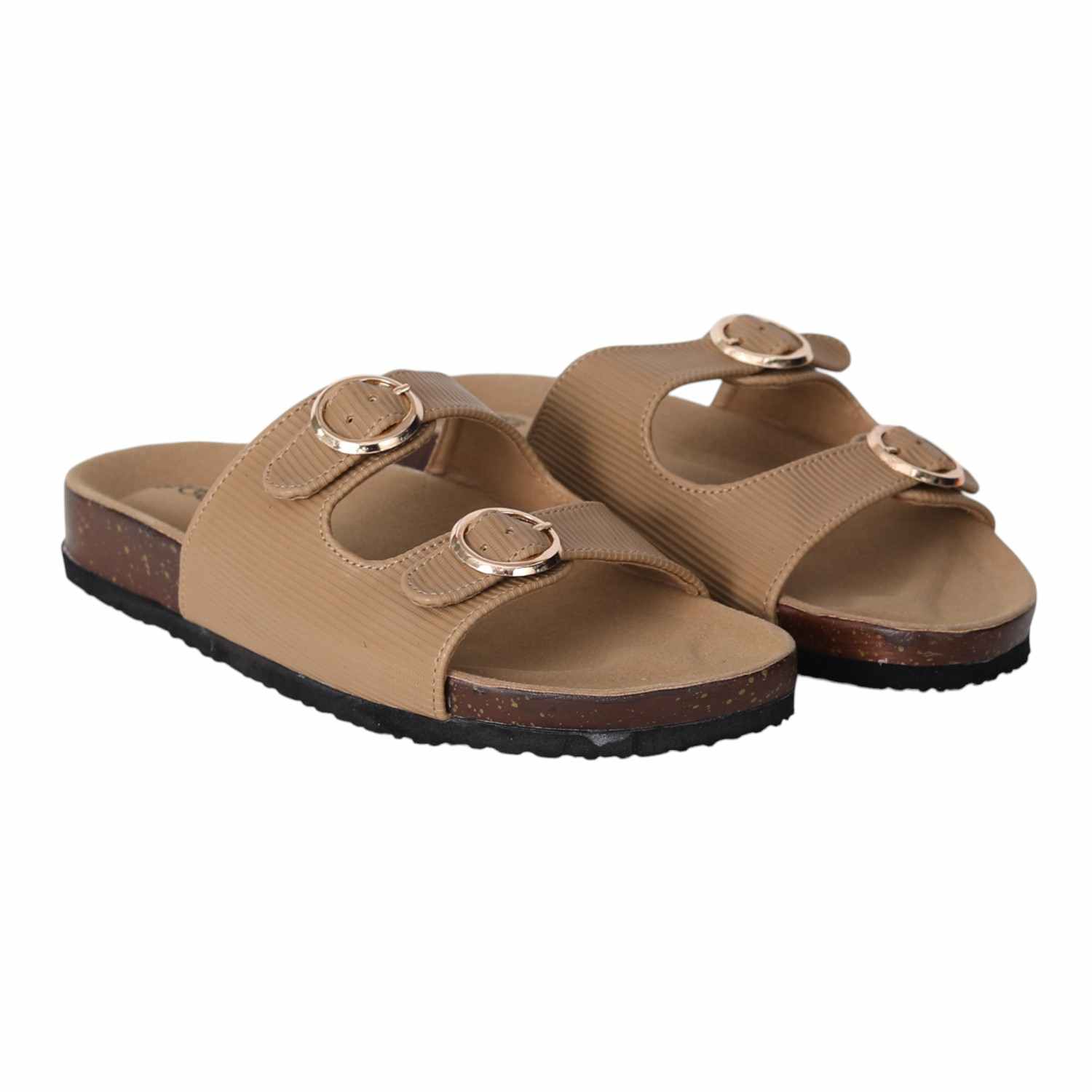 Women Beige Double Buckle Comfort Slide Sandals