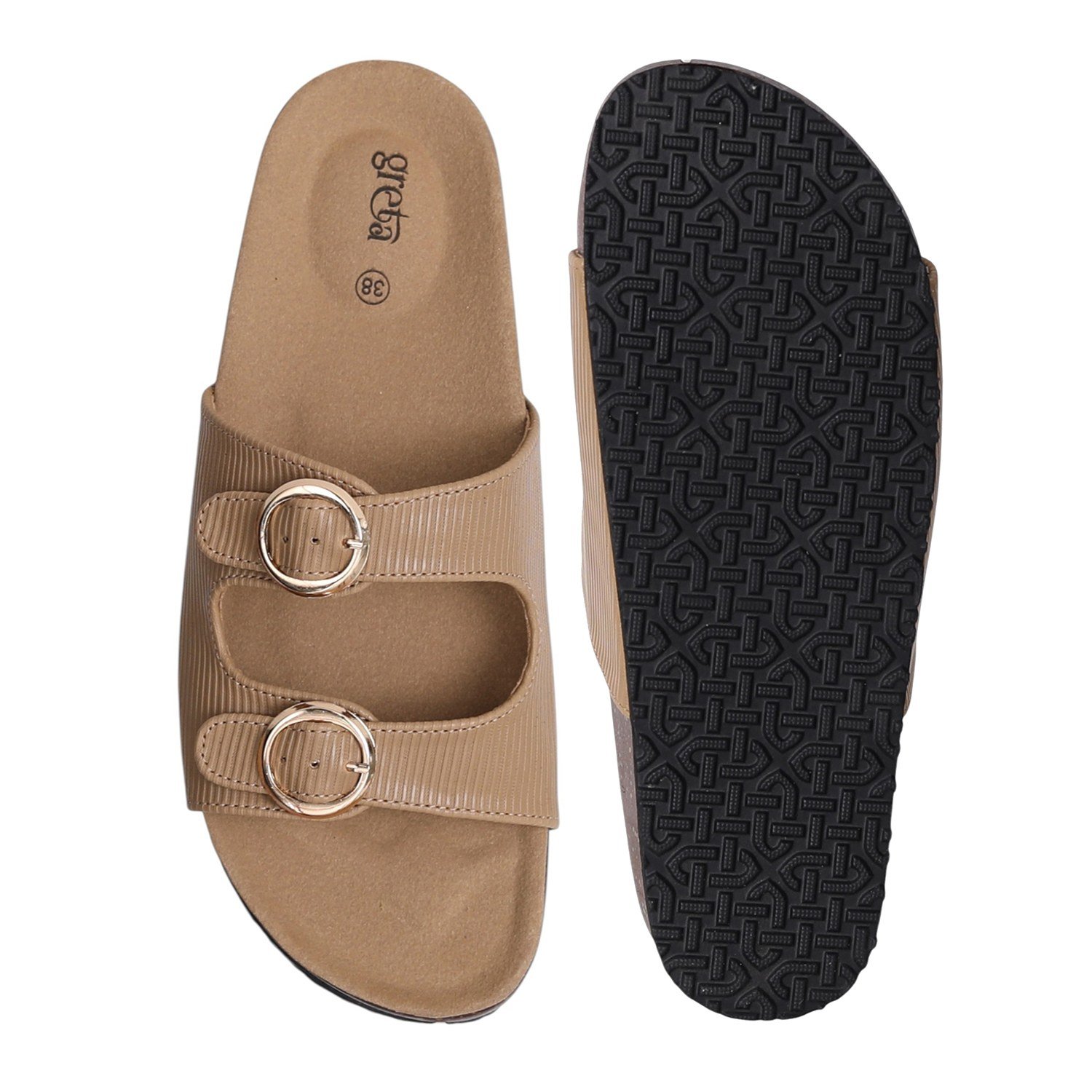 Women Beige Double Buckle Comfort Slide Sandals