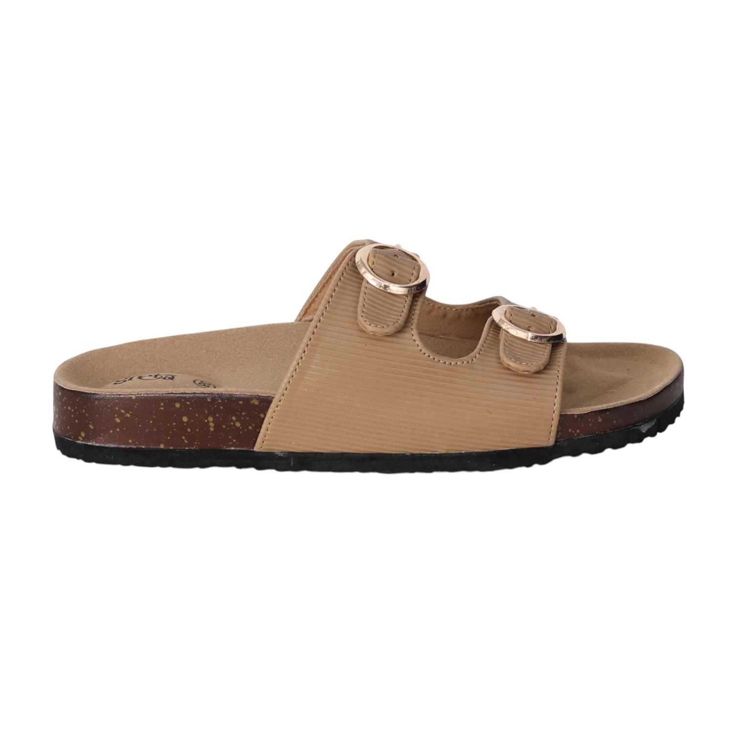 Women Beige Double Buckle Comfort Slide Sandals