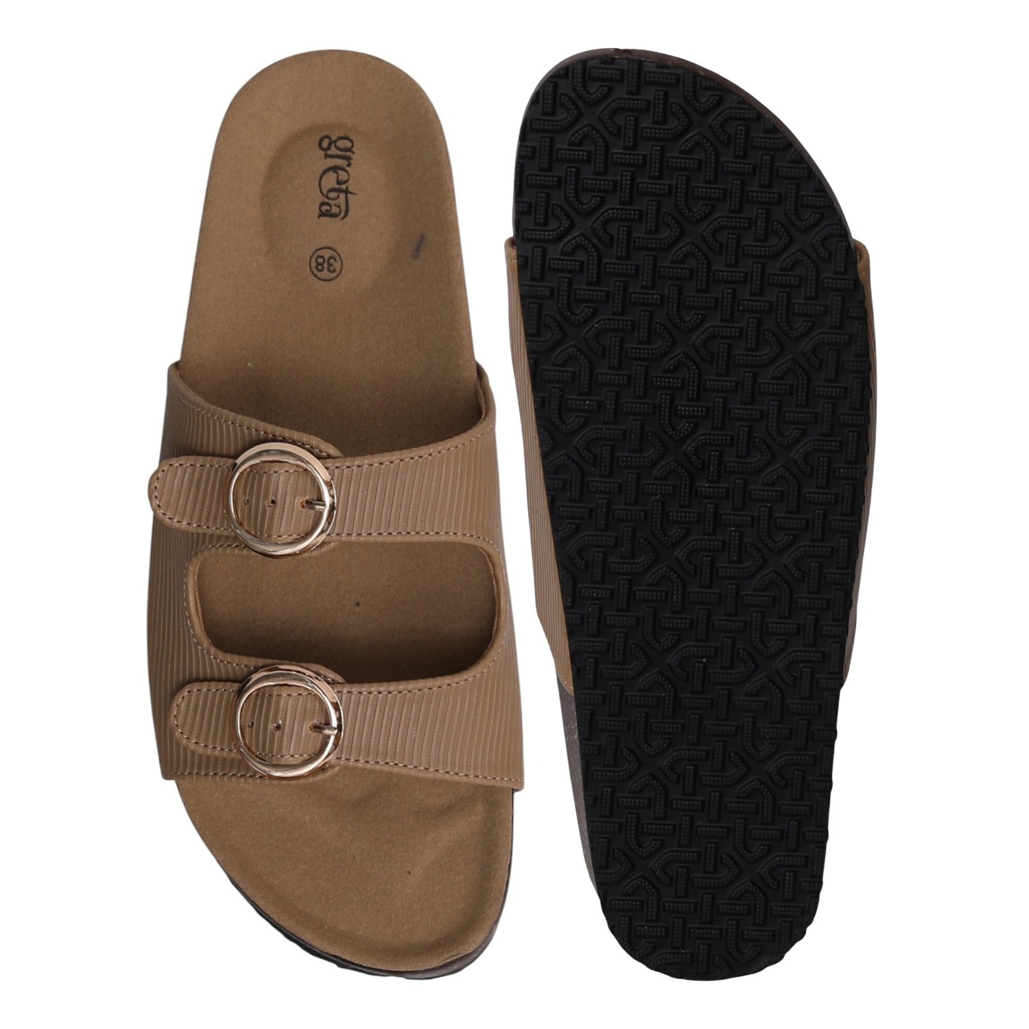 greta | Women Beige Double Buckle Comfort Slide Sandals|3