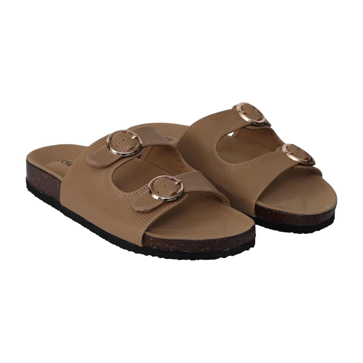 greta | Women Beige Double Buckle Comfort Slide Sandals|1