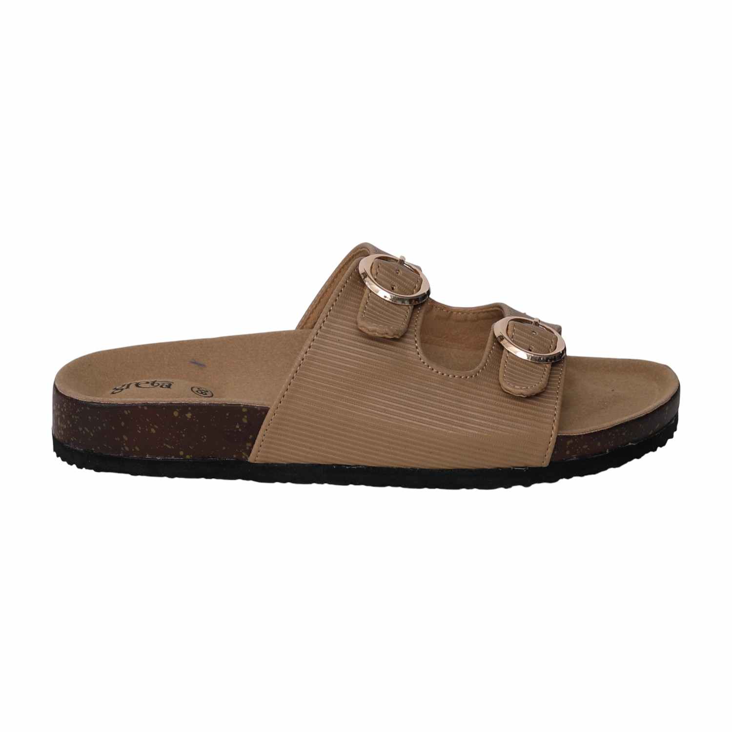 greta | Women Beige Double Buckle Comfort Slide Sandals|2