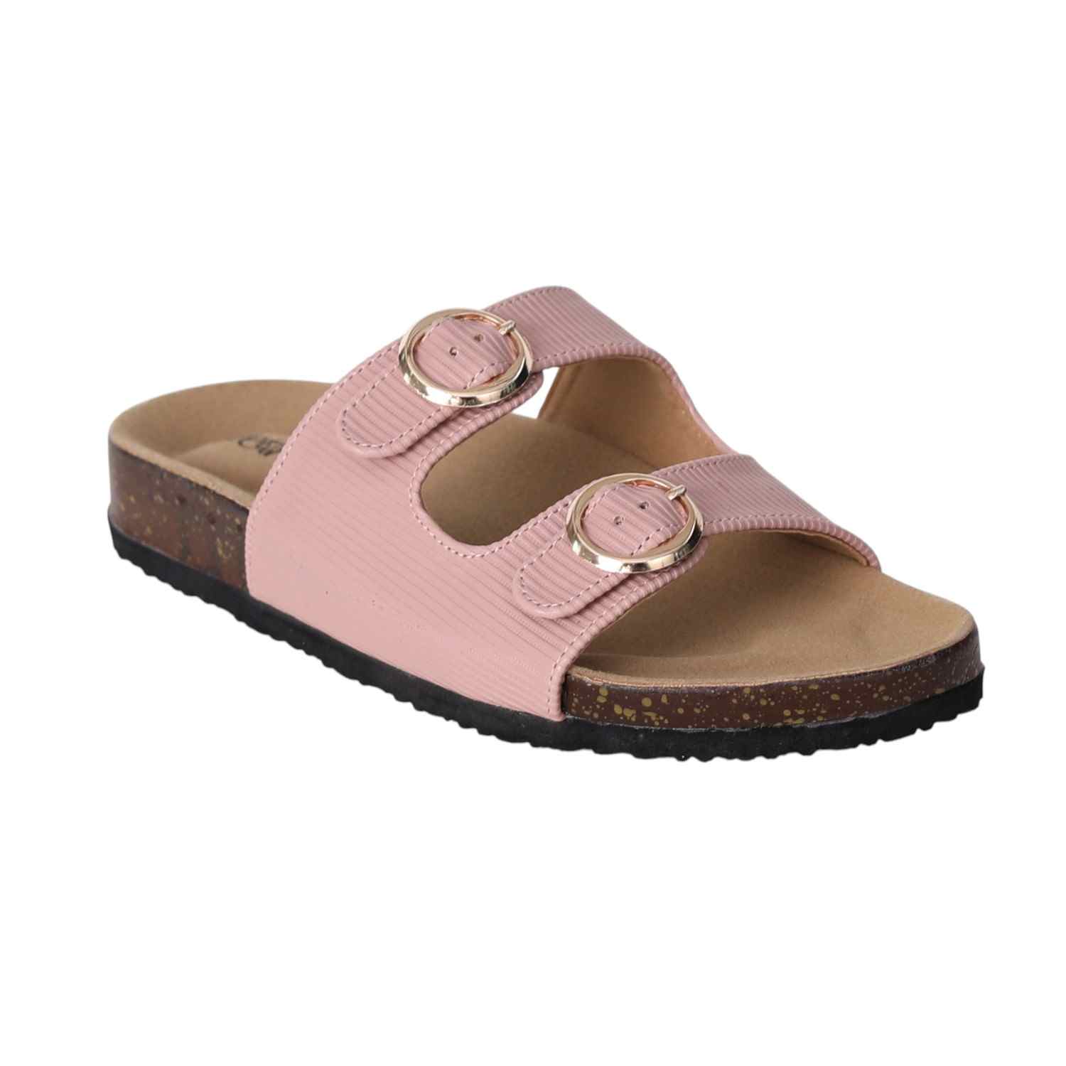 Women Pink Double Buckle Comfort Slide Sandals