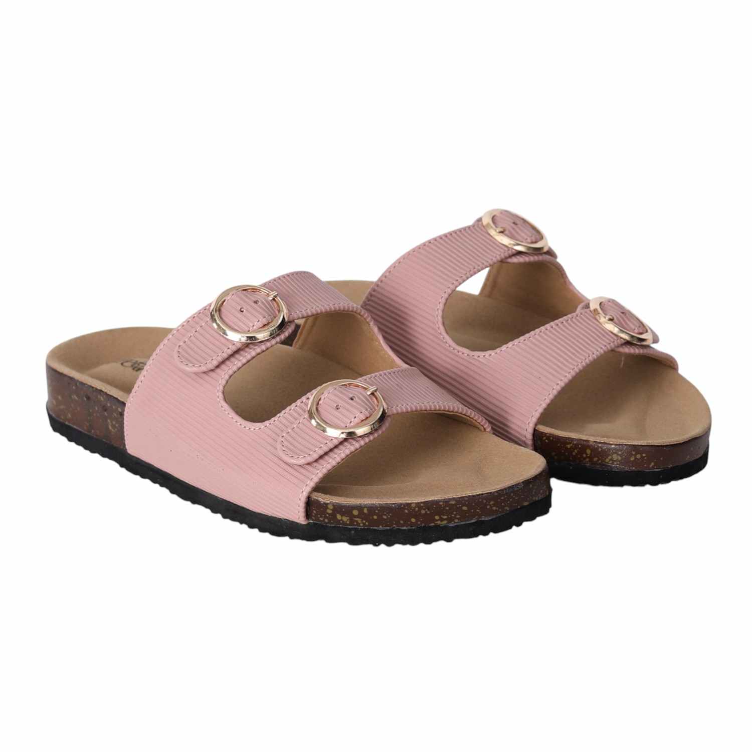 Women Pink Double Buckle Comfort Slide Sandals