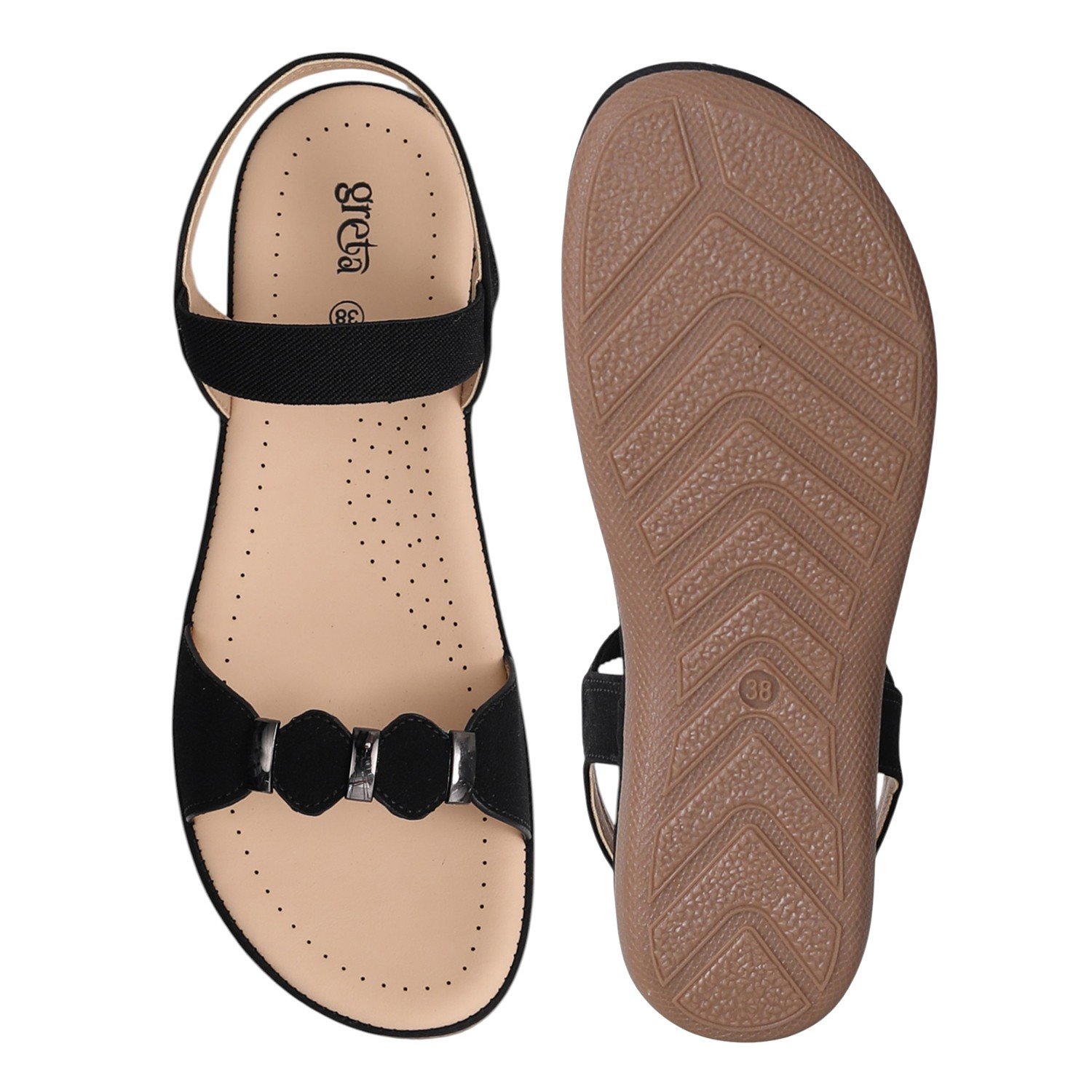 Women Black T-Strap Sandals with Studded Detailing