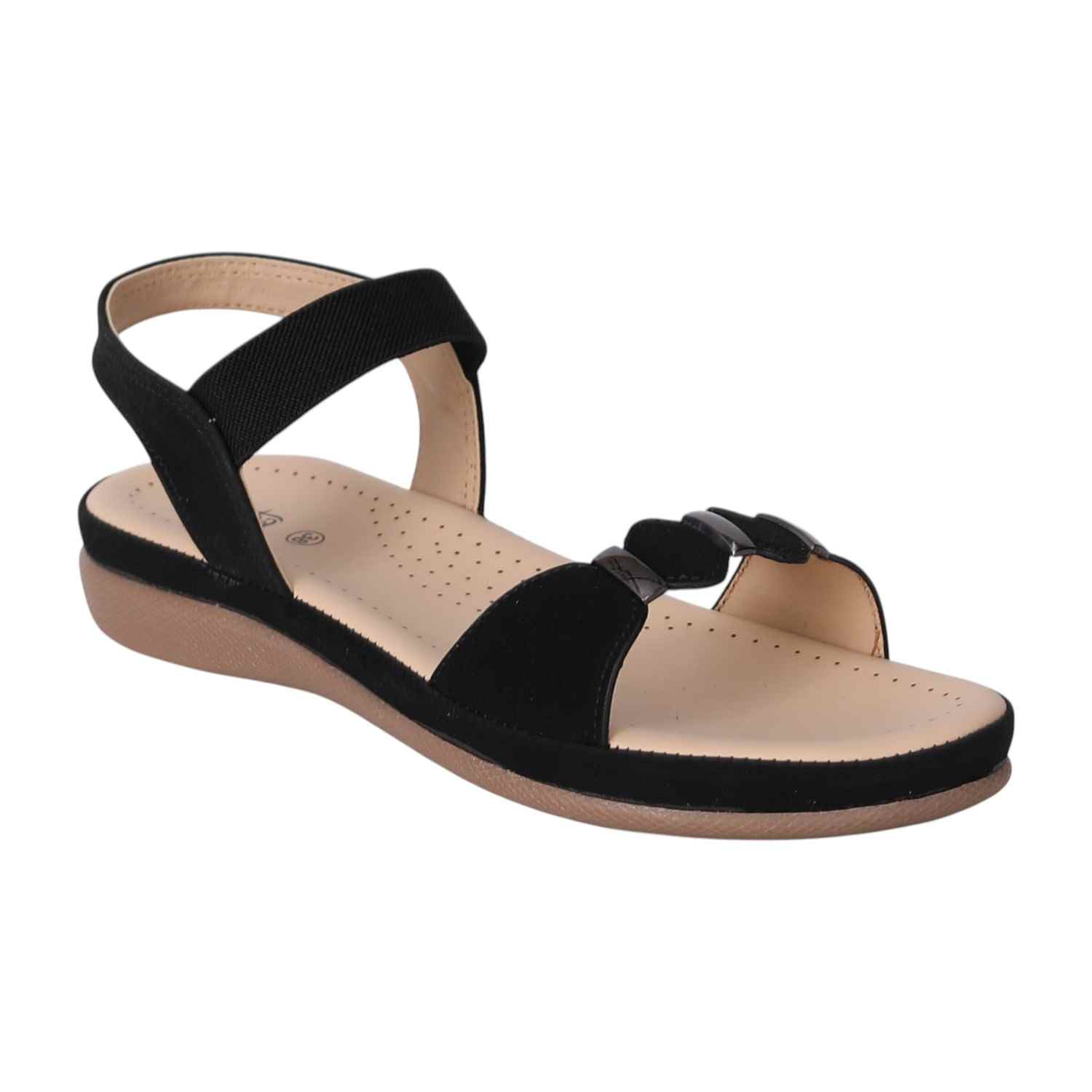 Women Black T-Strap Sandals with Studded Detailing