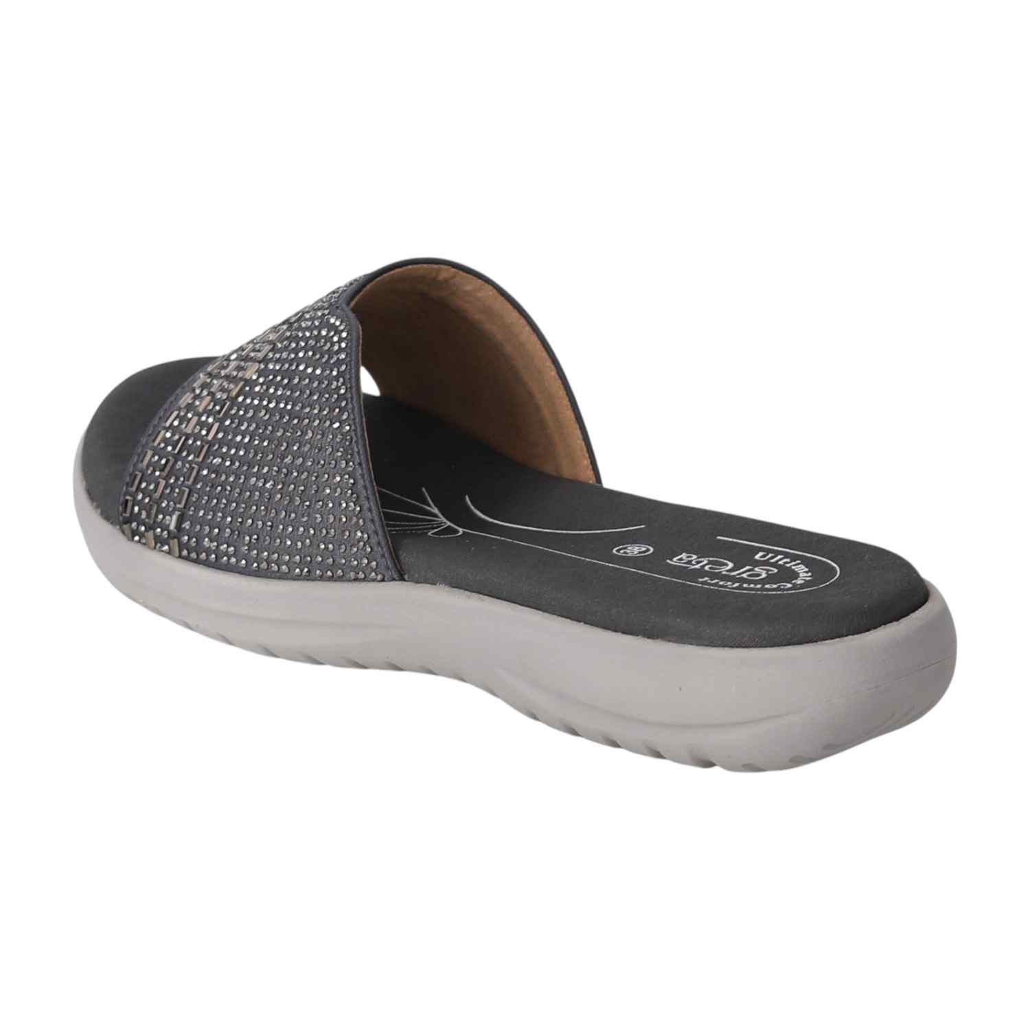 Women Grey Slides with Embellished Wide Strap