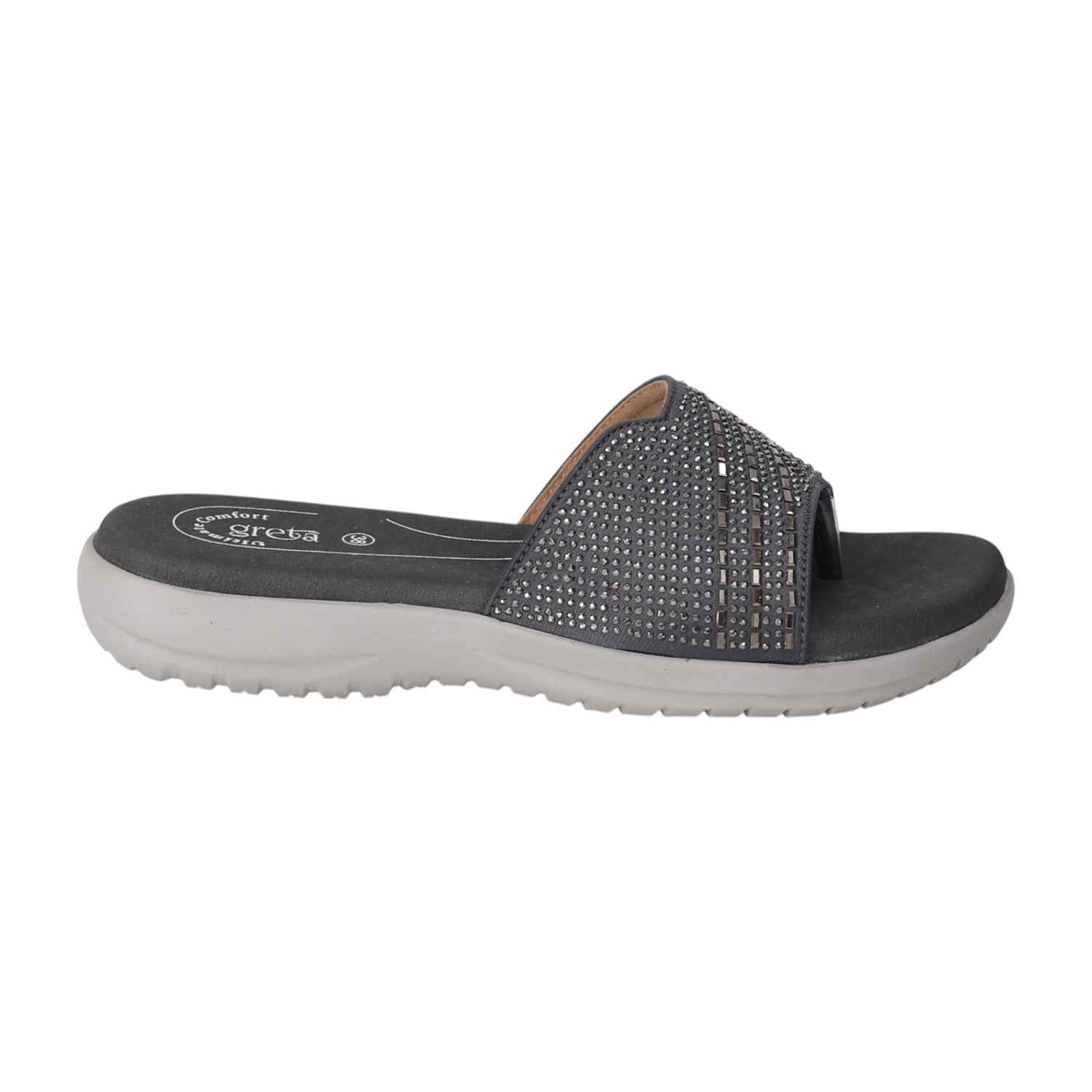 Women Grey Slides with Embellished Wide Strap