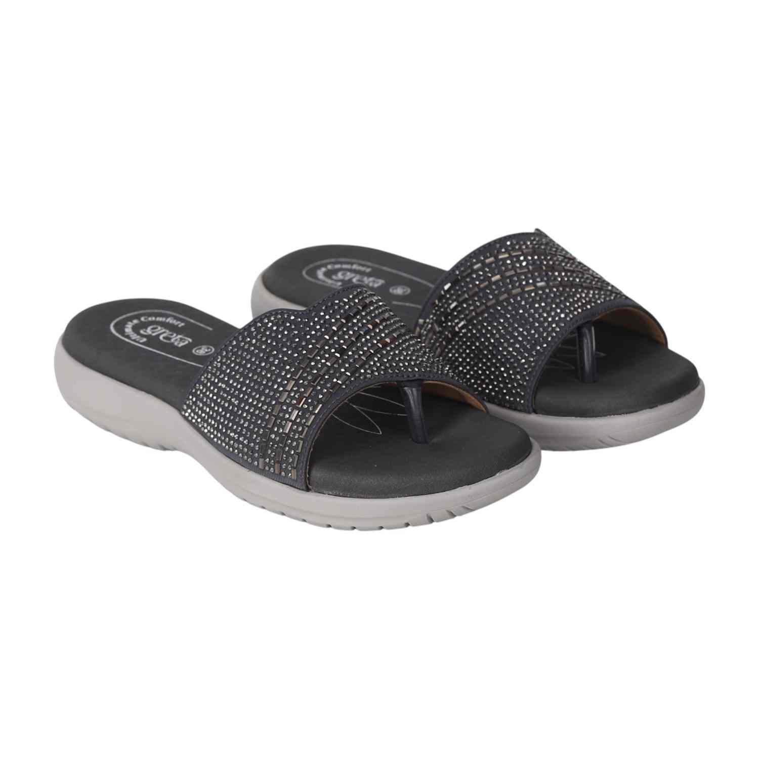 Women Grey Slides with Embellished Wide Strap