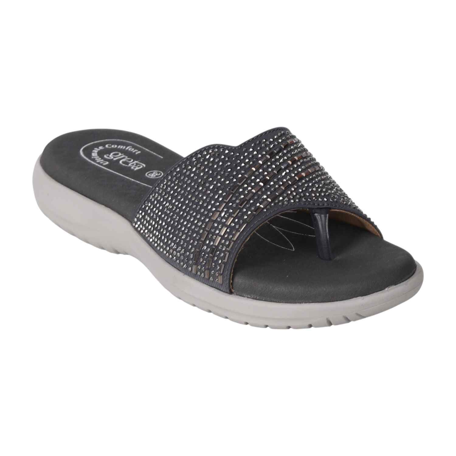 Women Grey Slides with Embellished Wide Strap