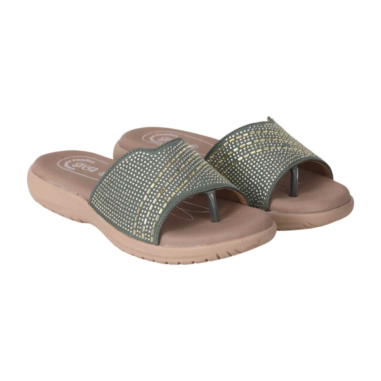 Women Olive Slides with Embellished Wide Strap
