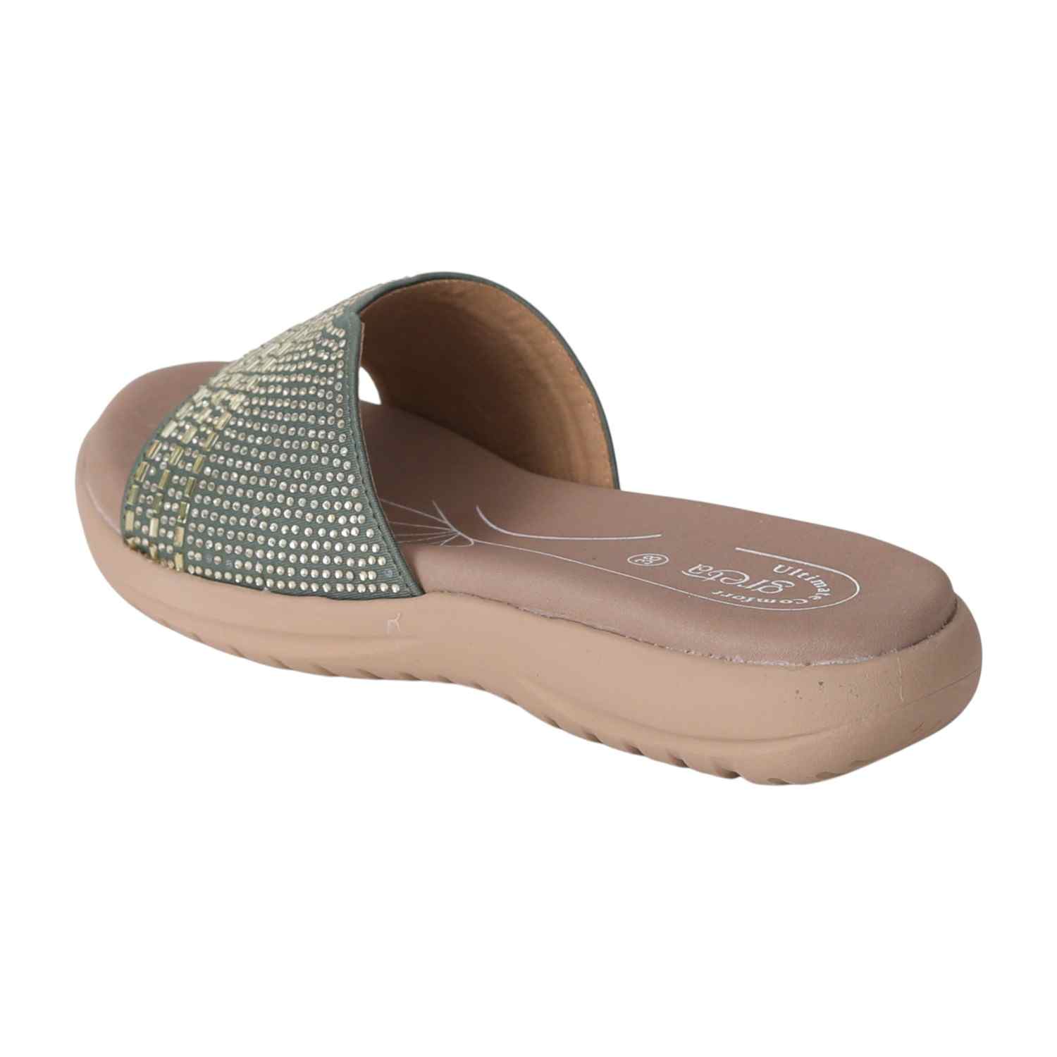 Women Olive Slides with Embellished Wide Strap