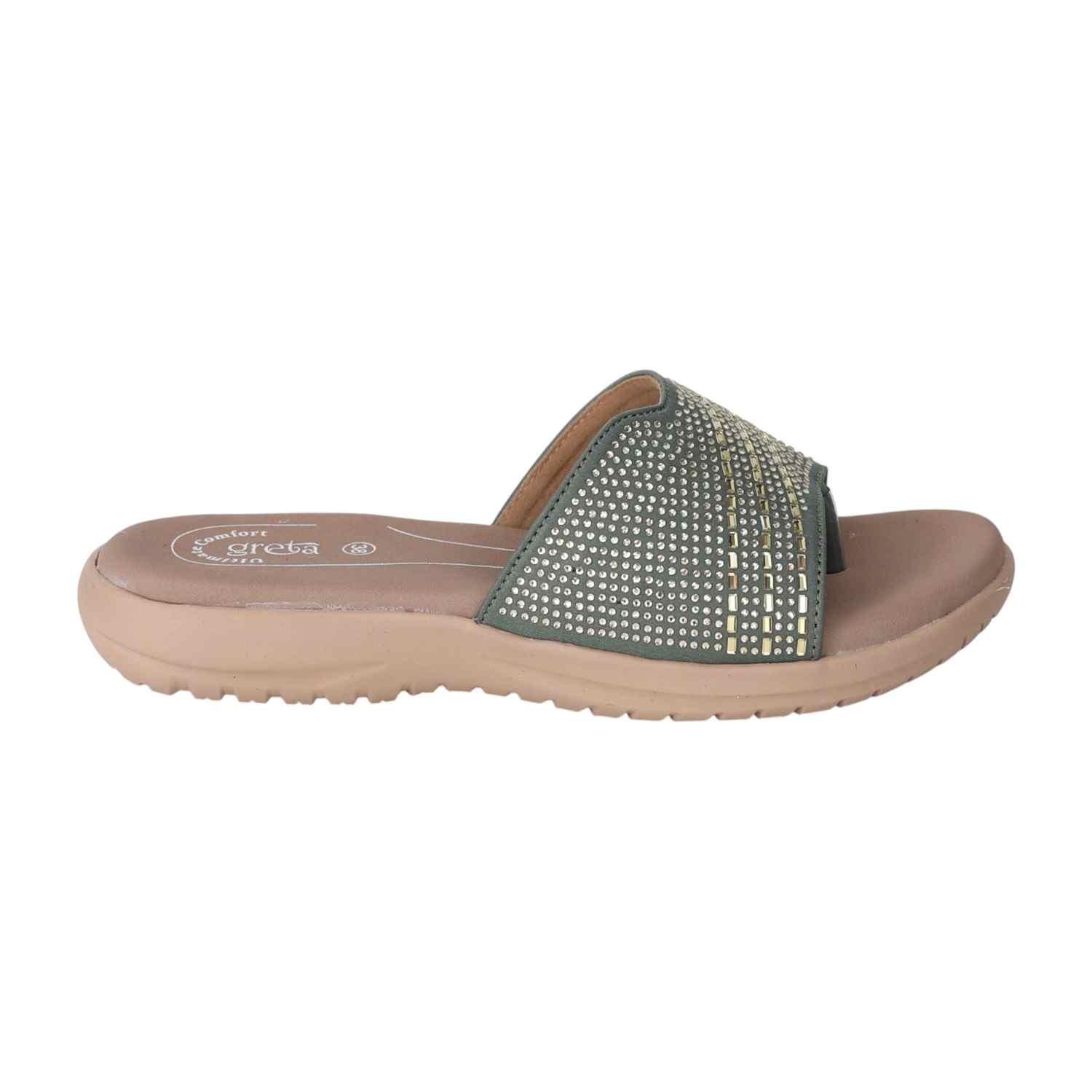 Women Olive Slides with Embellished Wide Strap