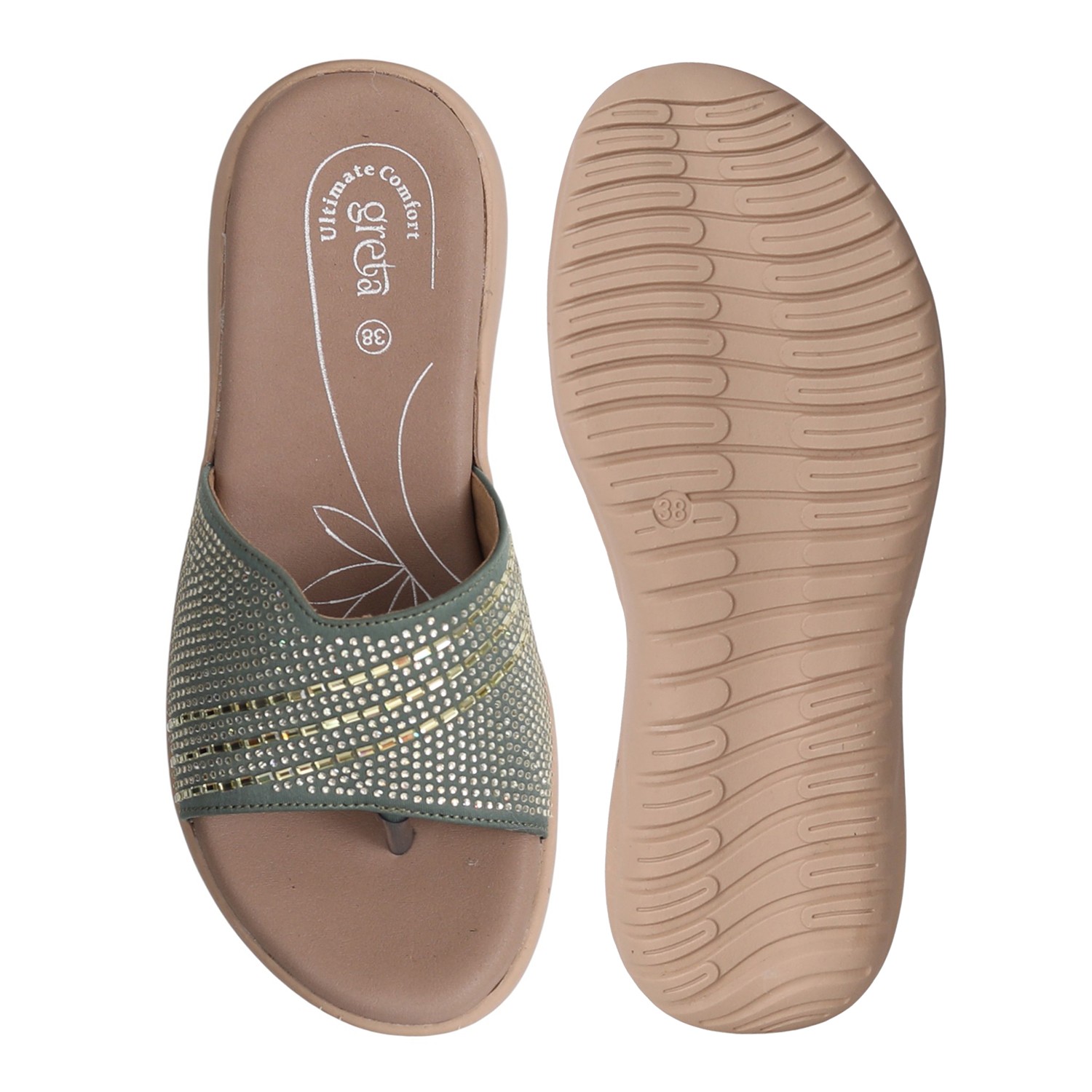 Women Olive Slides with Embellished Wide Strap