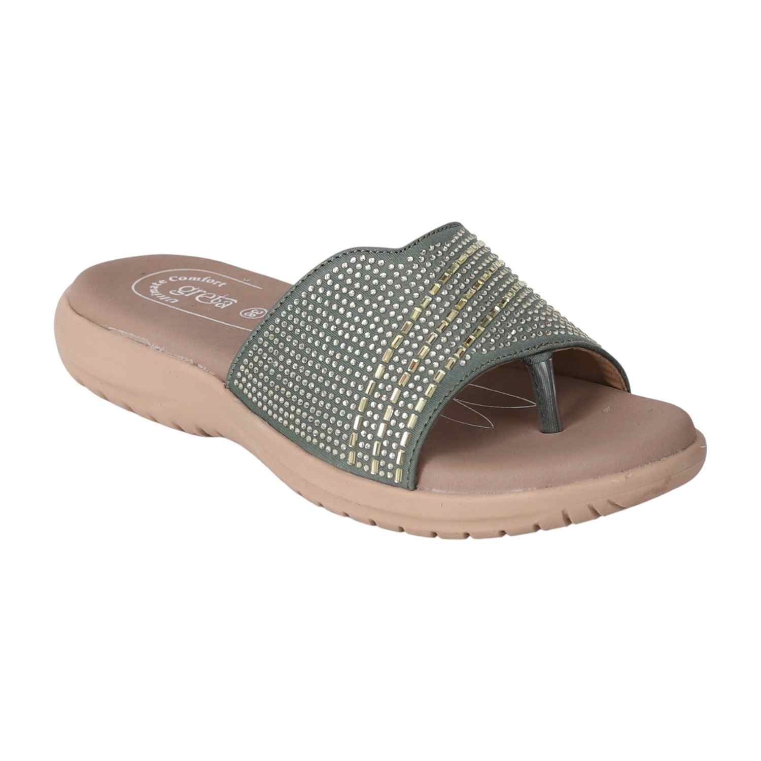 Women Olive Slides with Embellished Wide Strap
