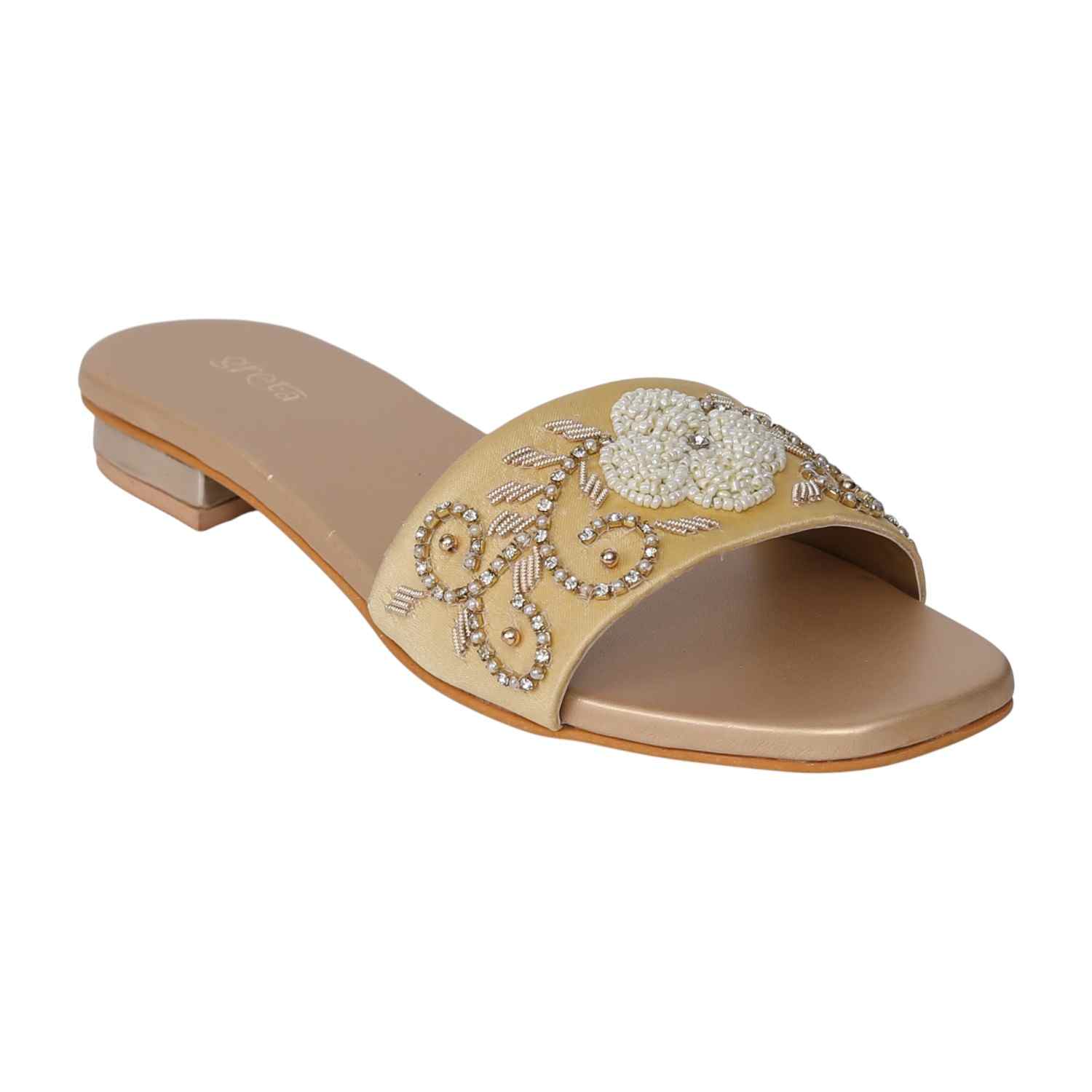 Women's Gold Pearl Accent Embroidered Heel