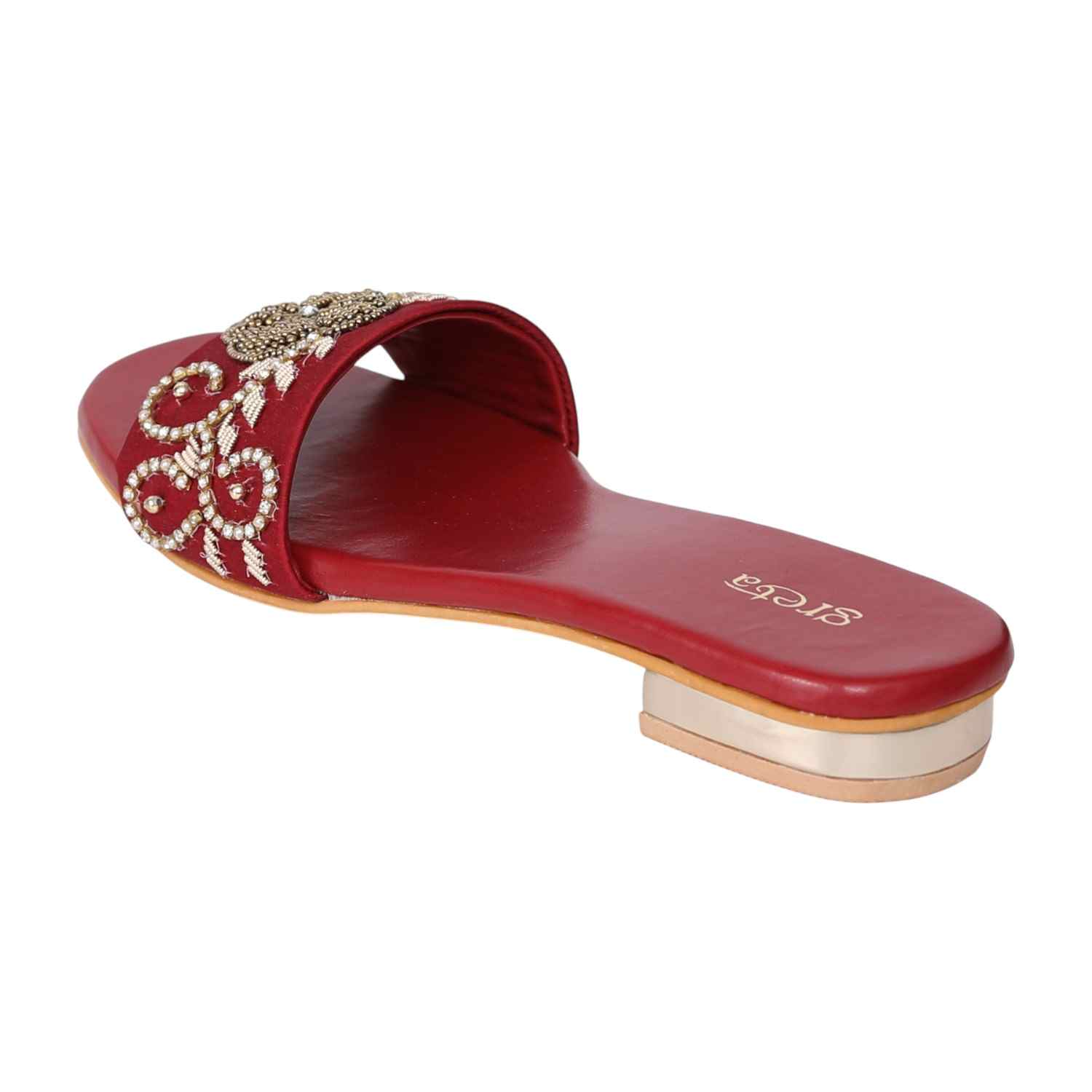 Women's Maroon Pearl Accent Embroidered Heel