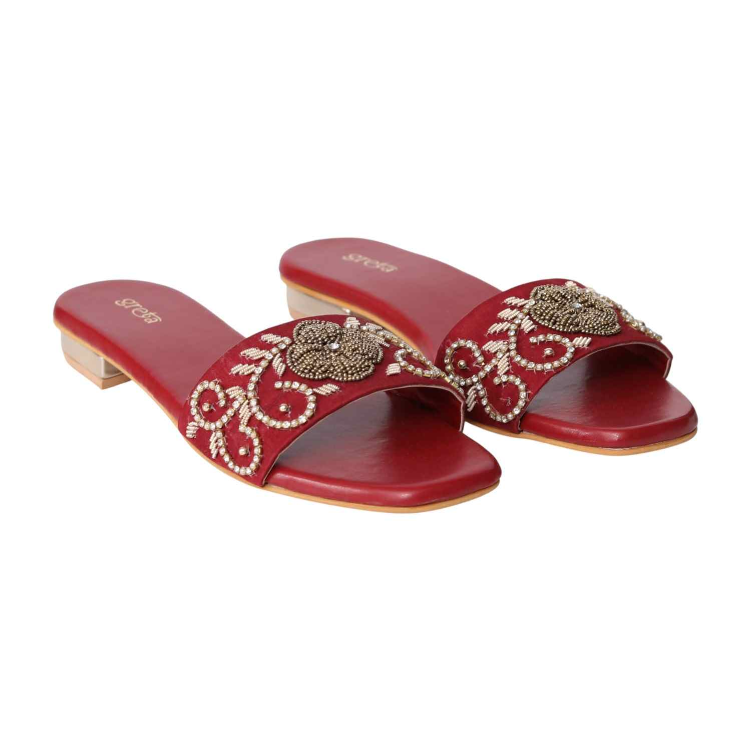 Women's Maroon Pearl Accent Embroidered Heel