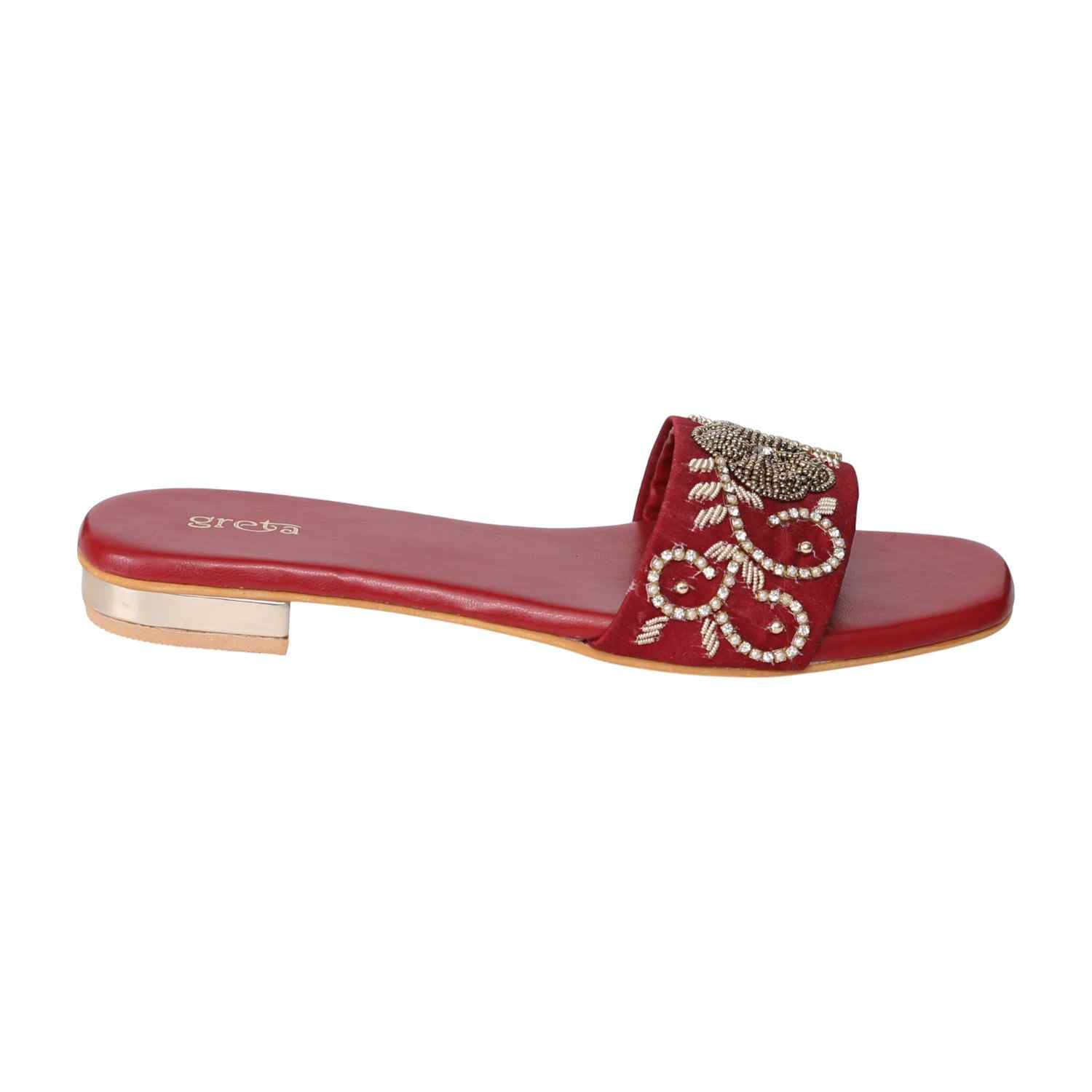 Women's Maroon Pearl Accent Embroidered Heel