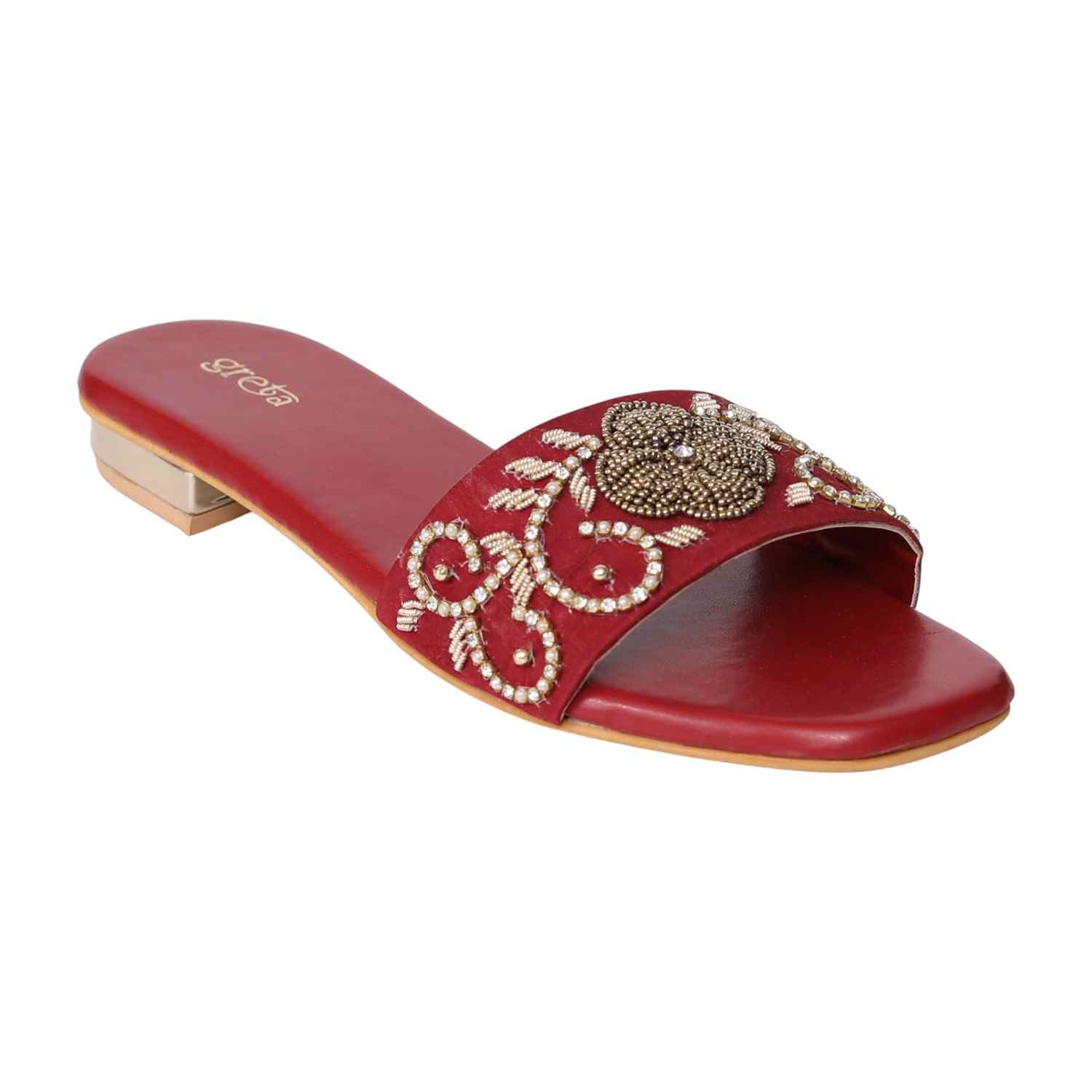 Women's Maroon Pearl Accent Embroidered Heel