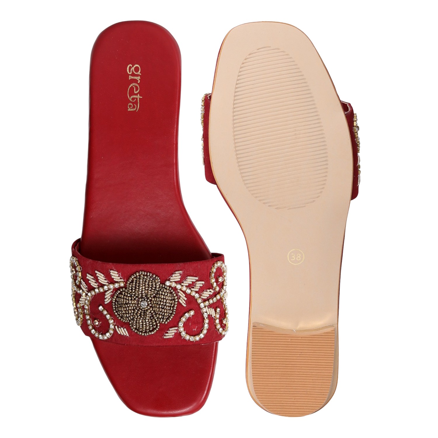 Women's Maroon Pearl Accent Embroidered Heel