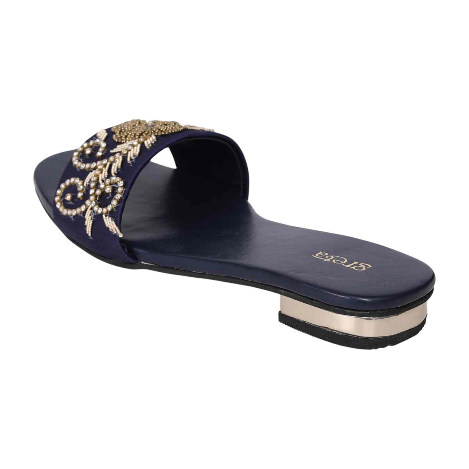 Women's Navy Pearl Accent Embroidered Heel