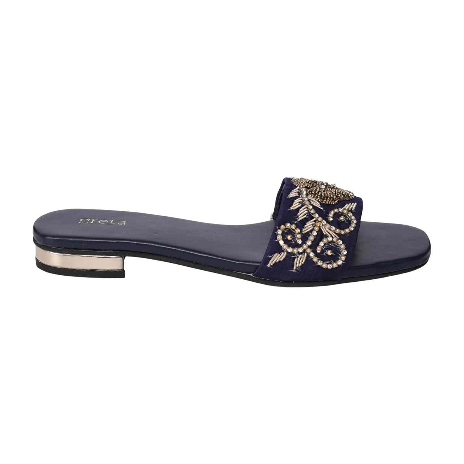 Women's Navy Pearl Accent Embroidered Heel