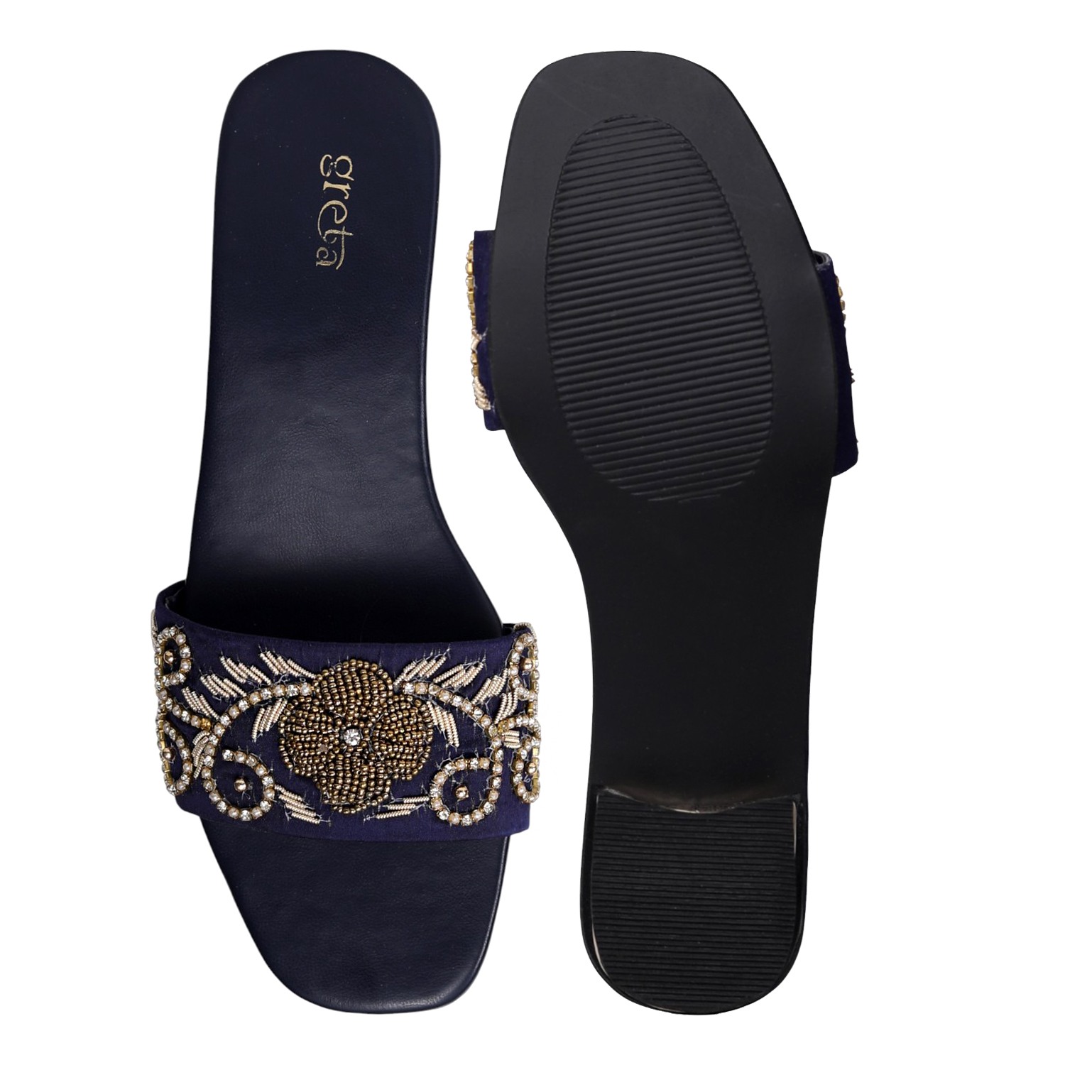 Women's Navy Pearl Accent Embroidered Heel
