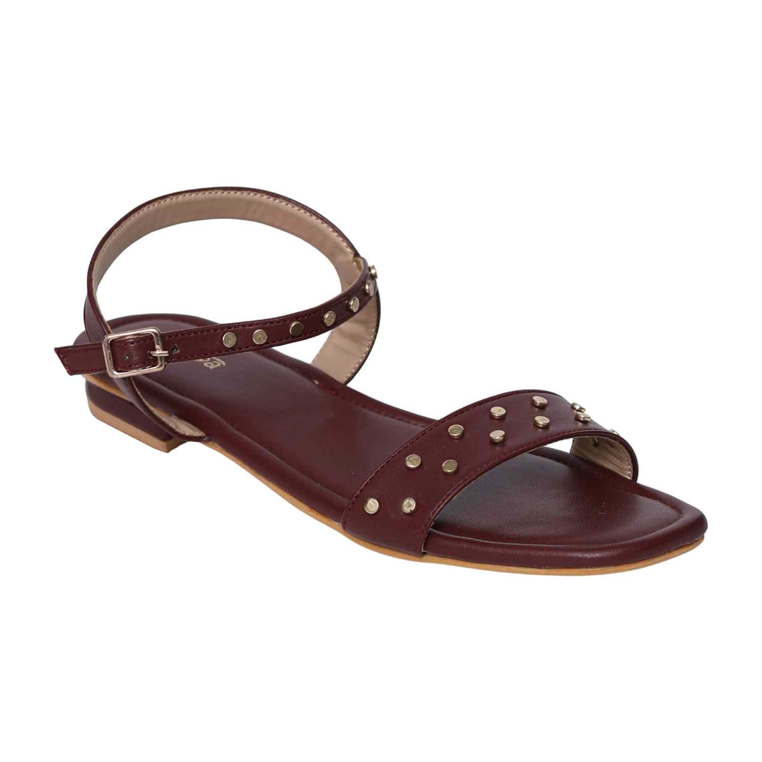 Women's Brown Studded Ankle Strap Sandals