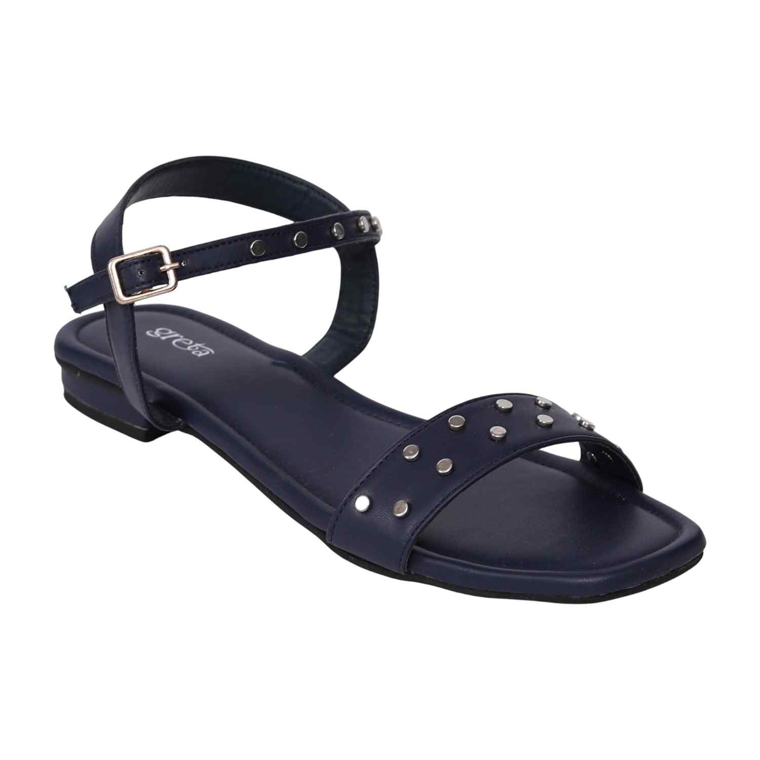 Women's Navy Studded Ankle Strap Sandals