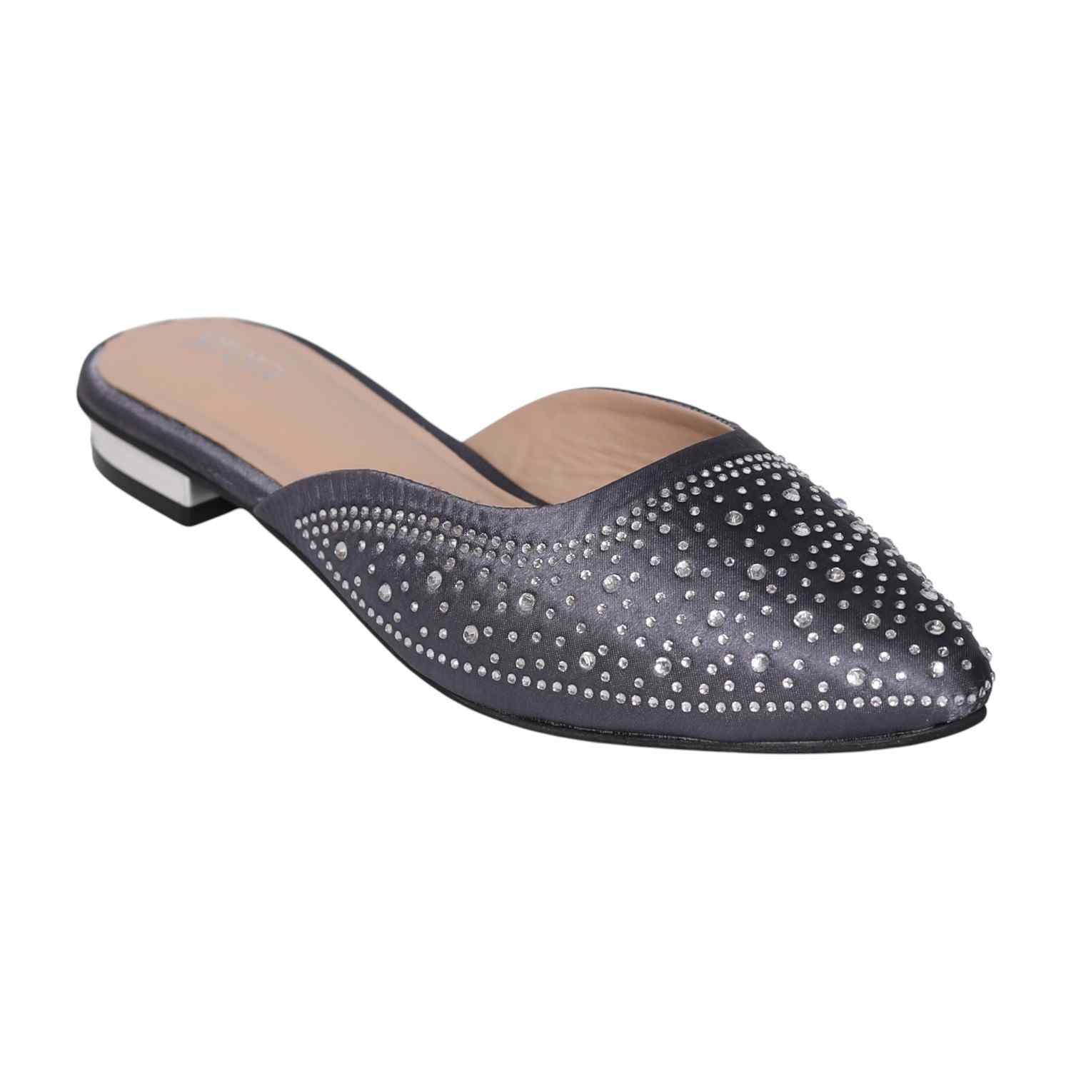 Women’s Grey Sparkling Slip-On Mules with Cutout Detailing