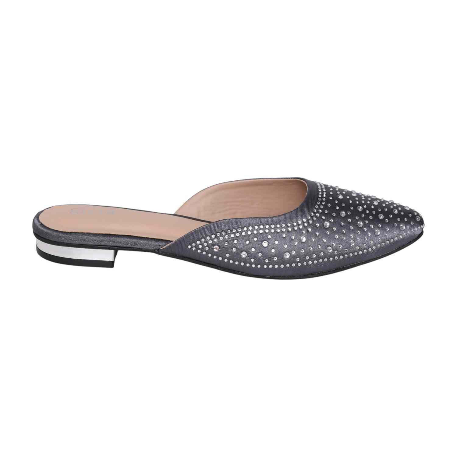 Women’s Grey Sparkling Slip-On Mules with Cutout Detailing