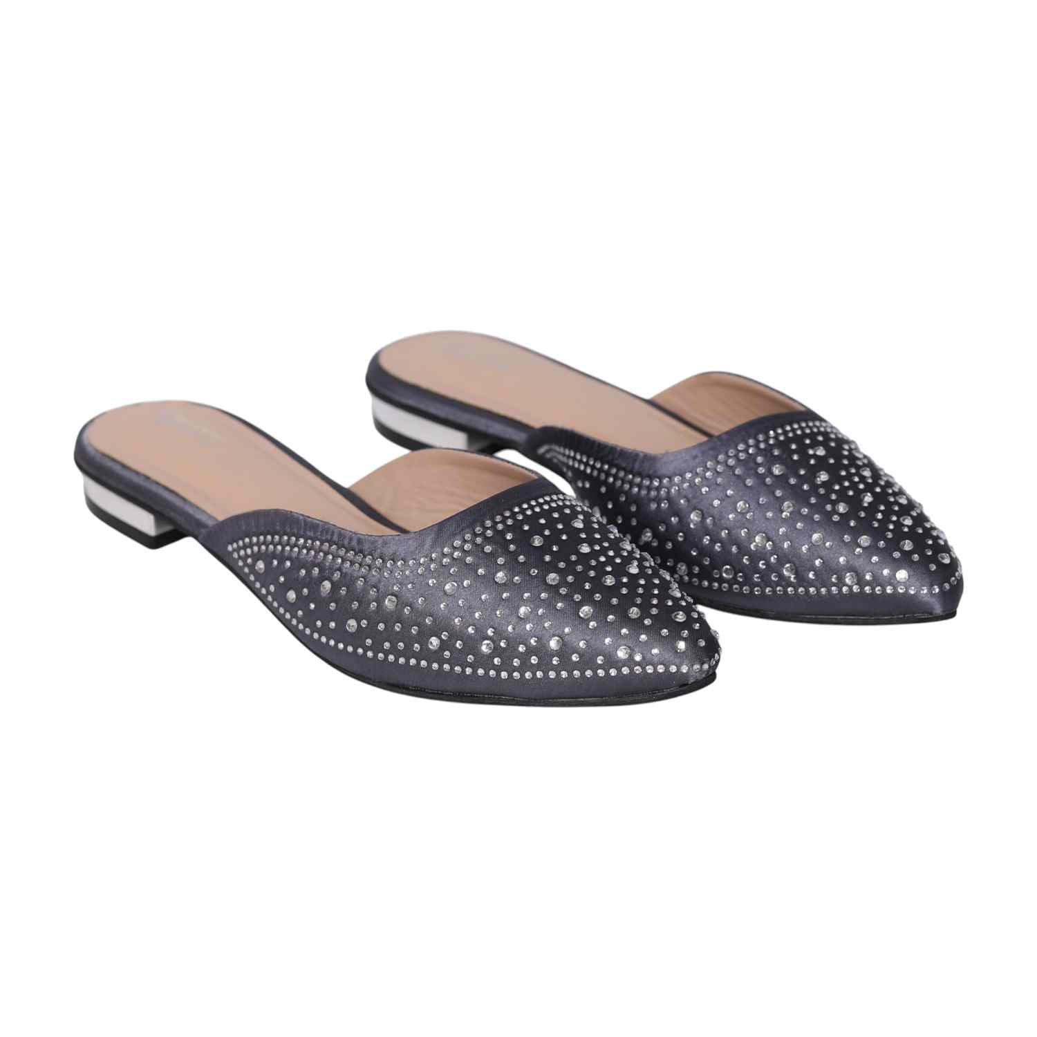 Women’s Grey Sparkling Slip-On Mules with Cutout Detailing