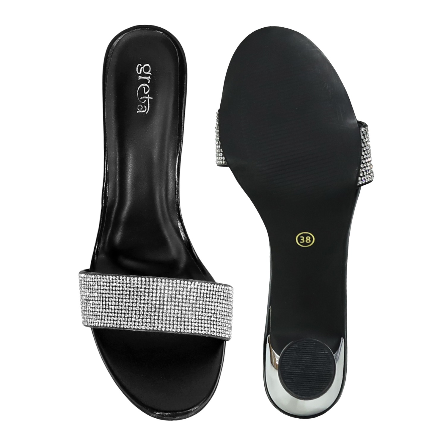 Women’s Black Crystal Slip-On Heels with  Sculpted Heel